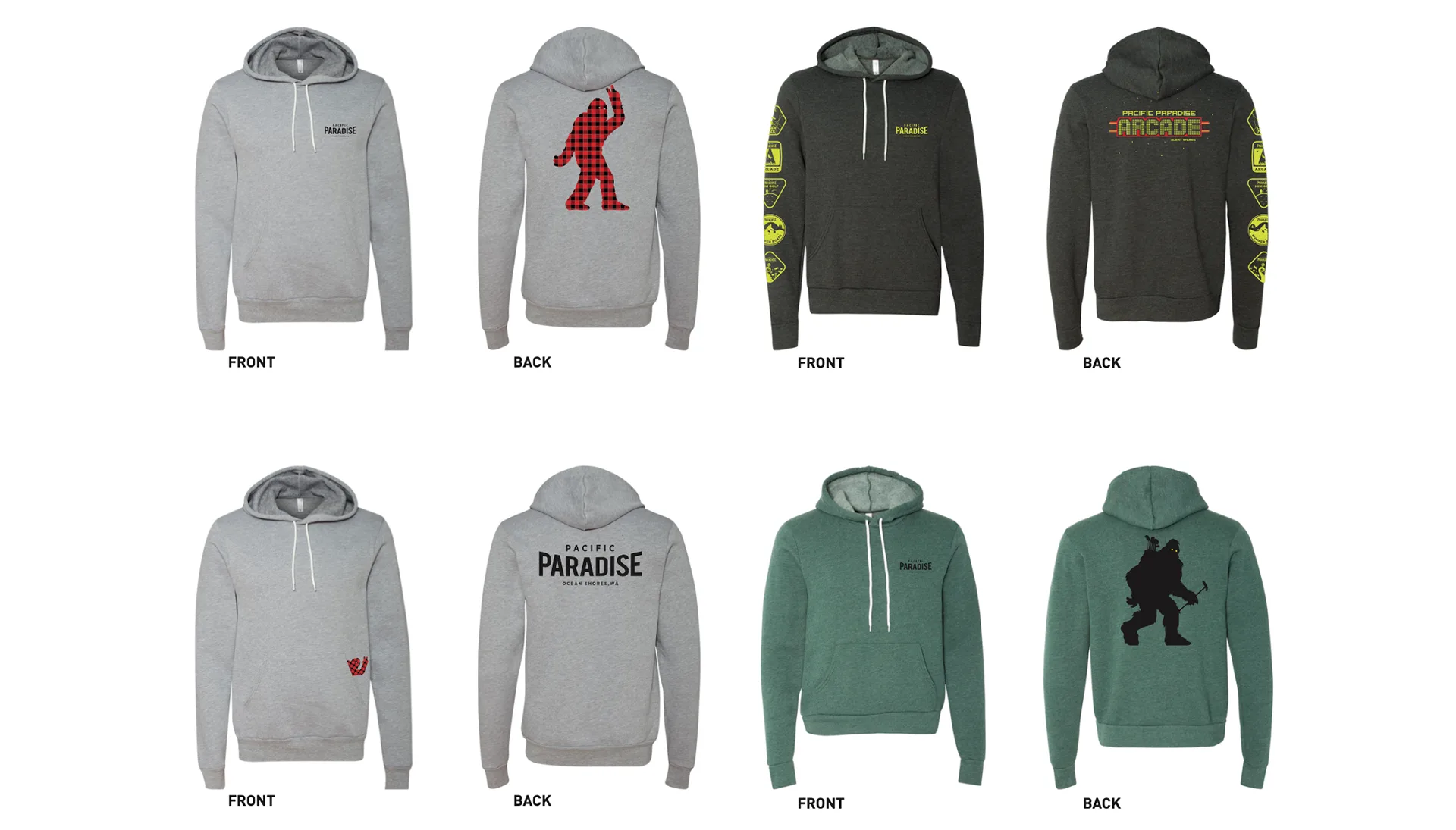 Hoodie mockups showing four Pacific Paradise designs including a plaid bigfoot and sleeve badge graphics