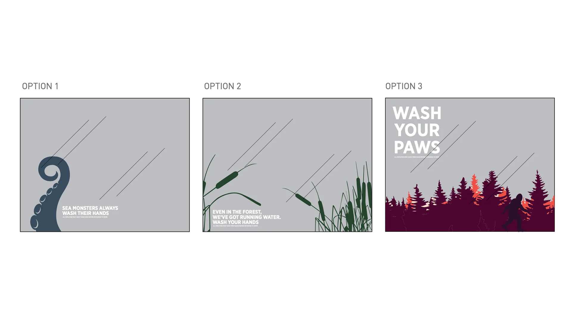 Three restroom sign copy concepts featuring a sea monster tentacle, forest reeds, and a 'wash your paws' bigfoot silhouette