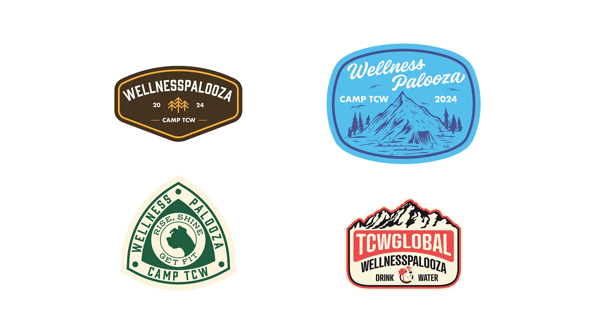 Four WellnessPalooza 2024 Camp TCW badge sticker designs in brown, blue, green, and red mountain motifs