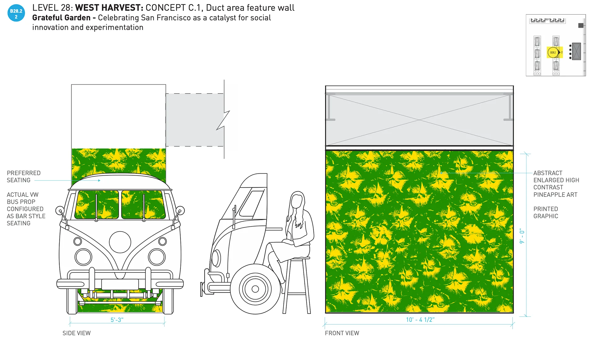 Grateful Garden concept duct wall with a VW bus seating prop and green-and-yellow pineapple pattern graphic