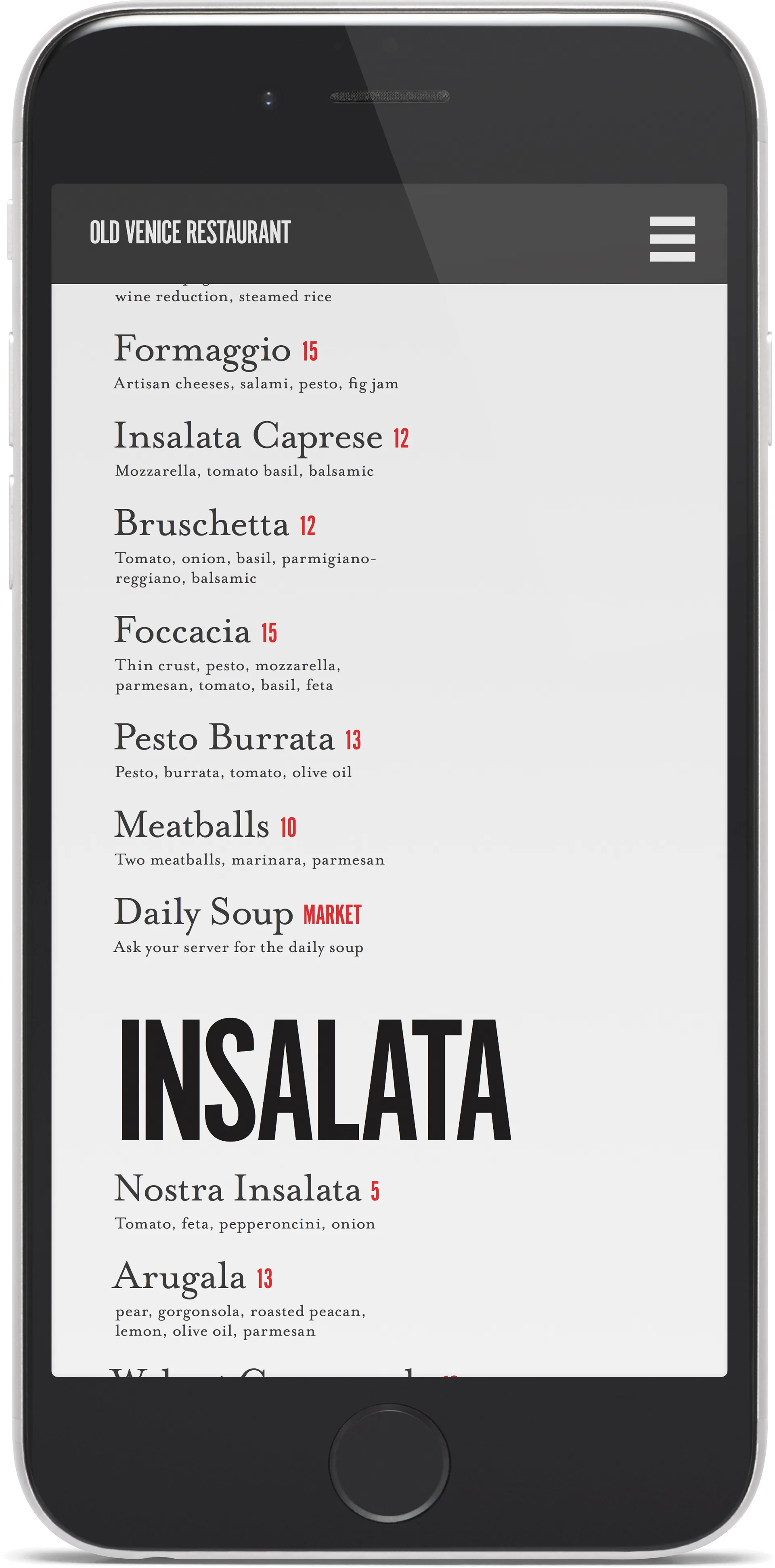 Old Venice Restaurant website menu page on a smartphone showing the Antipasti and Insalata sections