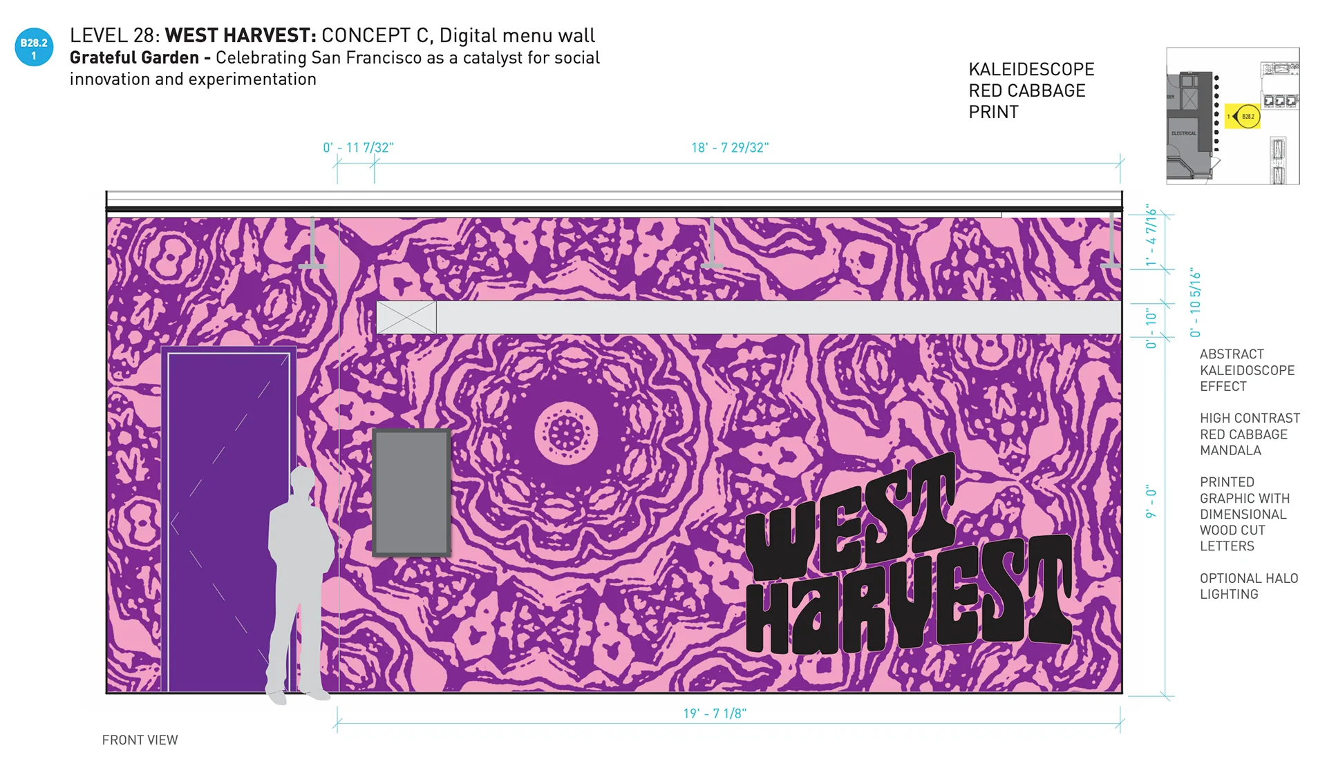 Grateful Garden concept digital menu wall rendering with a magenta kaleidoscope red-cabbage print and West Harvest wood letters