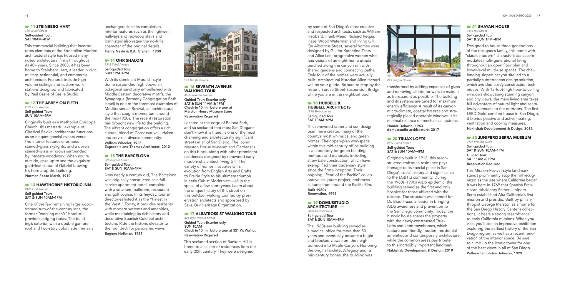 Guide spread listing downtown San Diego walking-tour sites with a photo of an ornate library reading room