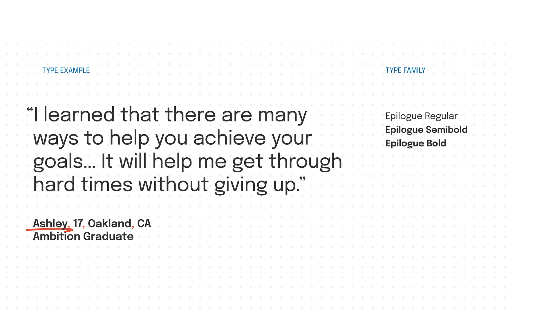 Type specimen page showing a teen testimonial quote in Epilogue Regular alongside the Epilogue Regular, Semibold, and Bold type family