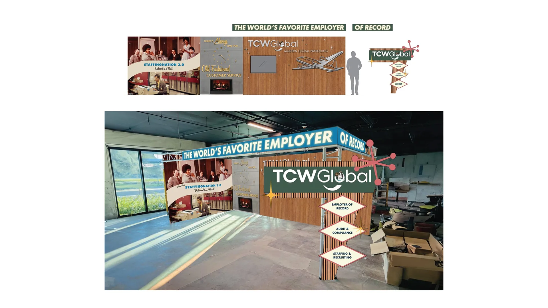 TCWGlobal ProcureCon booth design elevations and 3D rendering for the World's Favorite Employer of Record section