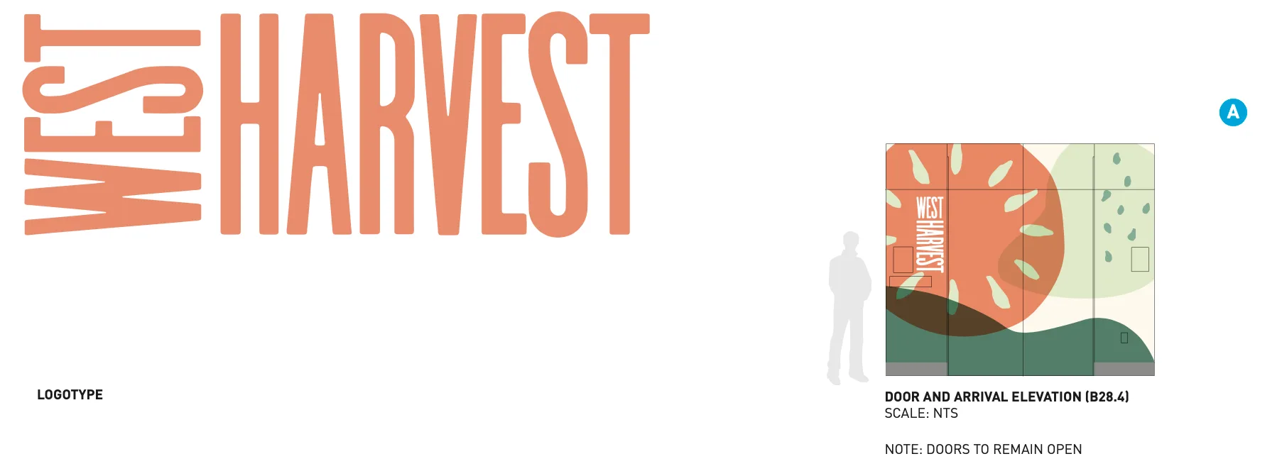 Bold orange West Harvest logotype beside a door and arrival elevation spec with a carrot sun mural graphic