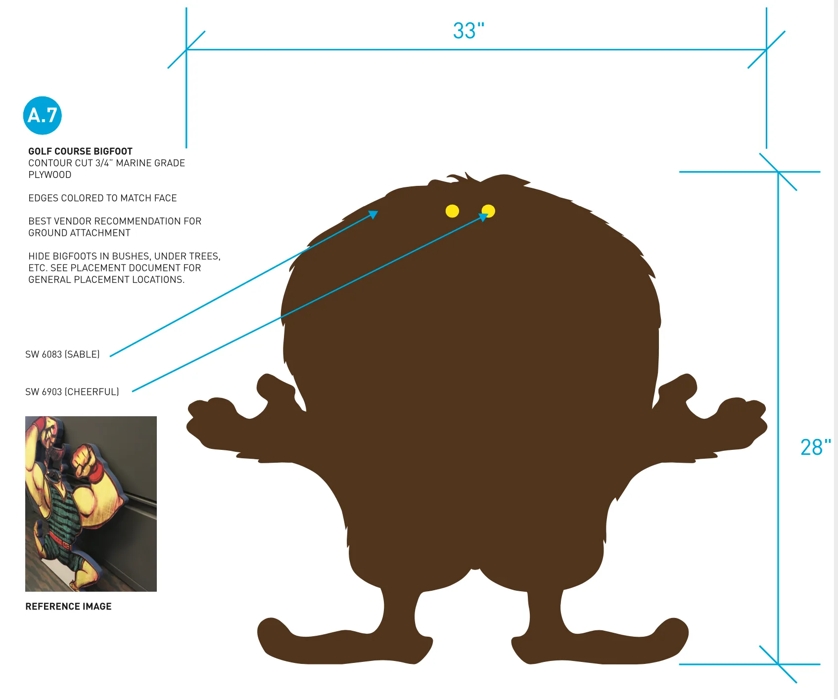Golf course bigfoot cutout spec sheet for a 33-inch standing figure with raised arms, cut from plywood