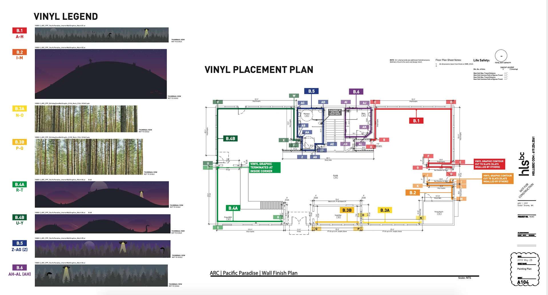 Vinyl placement and wall finish plan with a color-coded floor drawing and forest mural legend