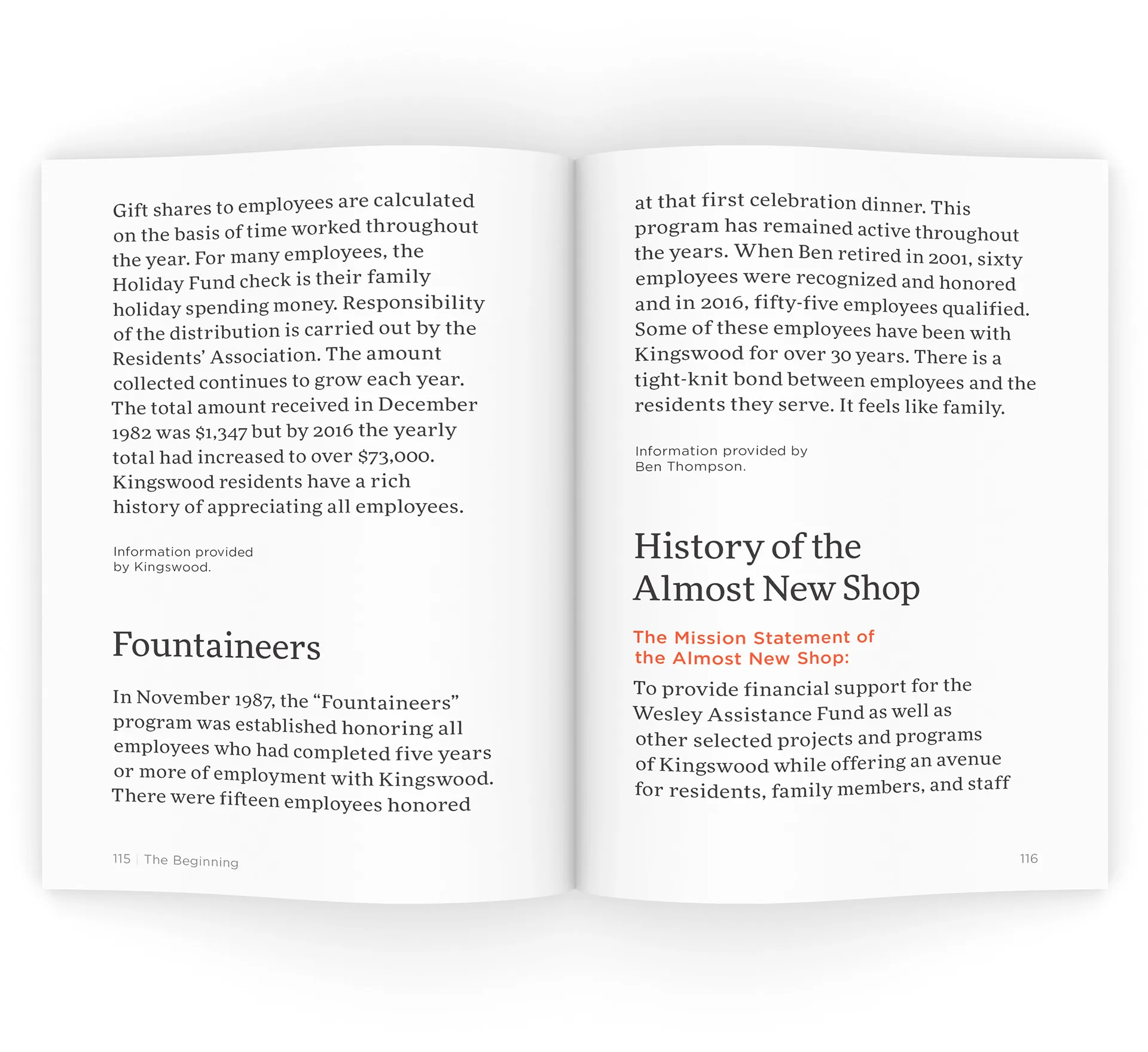Two-page spread with orange section subheads Fountaineers and History of the Almost New Shop in large sans-serif type