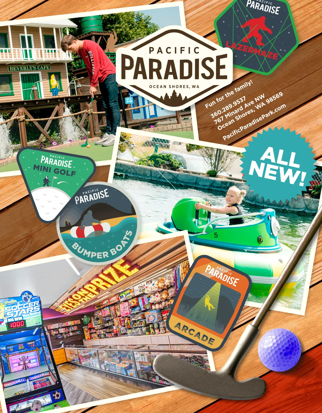 Marketing collage of Pacific Paradise mini golf, bumper boats, and arcade photos with activity badge icons and contact info