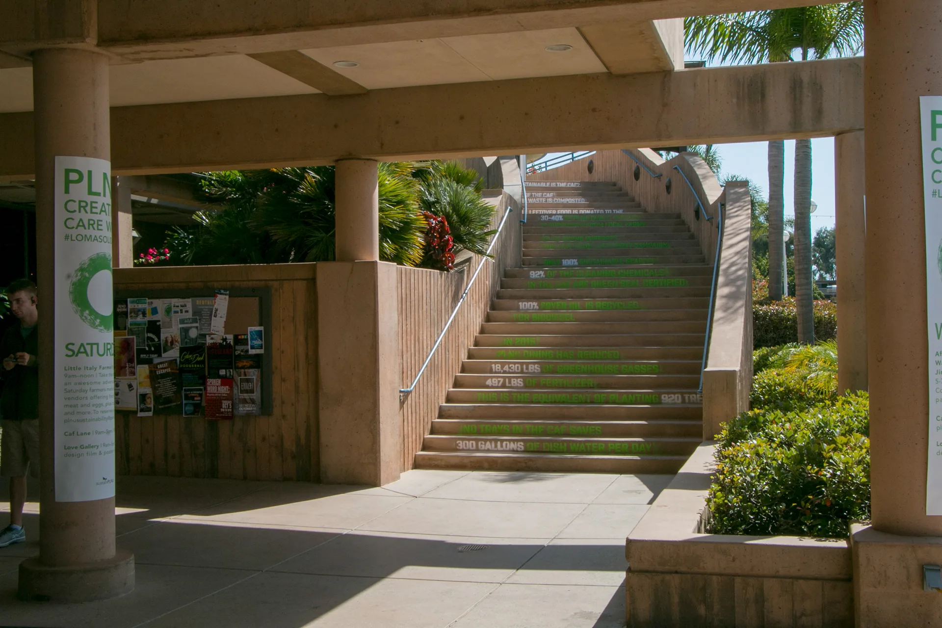 Outdoor staircase at PLNU with green stenciled sustainability statistics painted on each step, campus banner in foreground