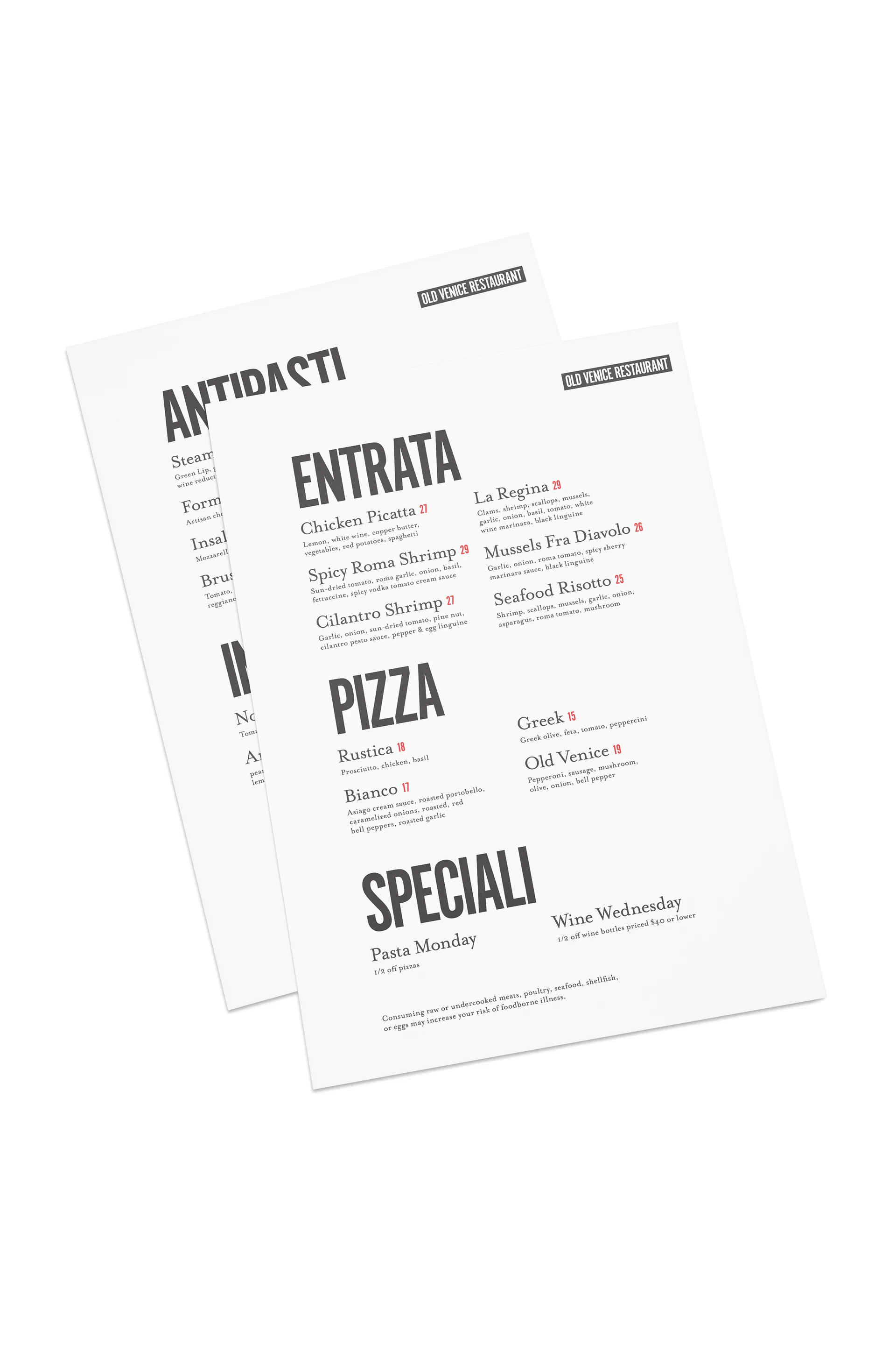 Two fanned Old Venice Restaurant menu sheets showing Antipasti, Entrata, Pizza, and Speciali sections