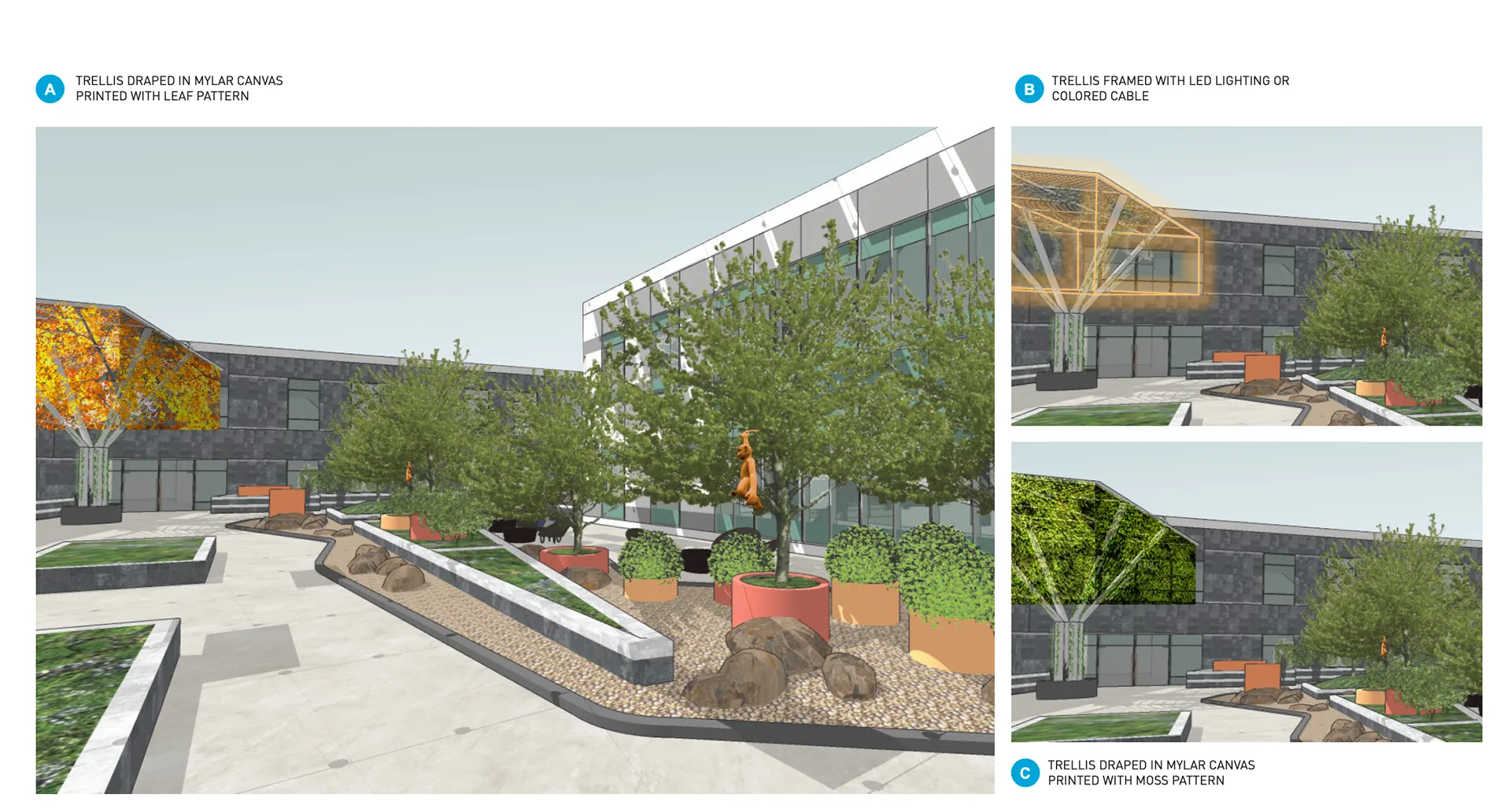 Courtyard walkway rendering showing a trellis draped in leaf-pattern mylar canvas beside inset views of LED-lit and moss-pattern trellis options