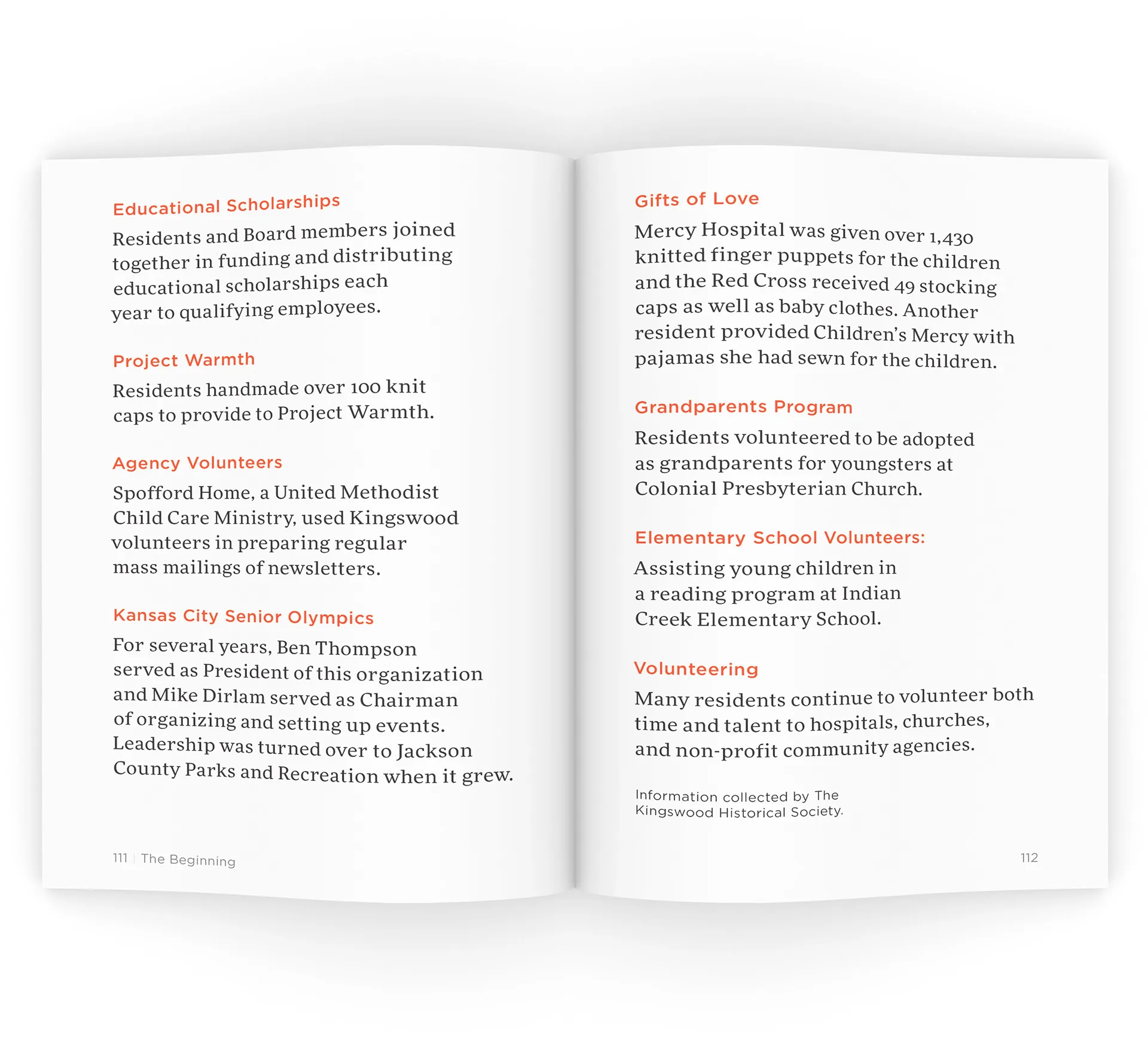 Two-page spread listing Kingswood community programs under orange subheads like Gifts of Love and Grandparents Program