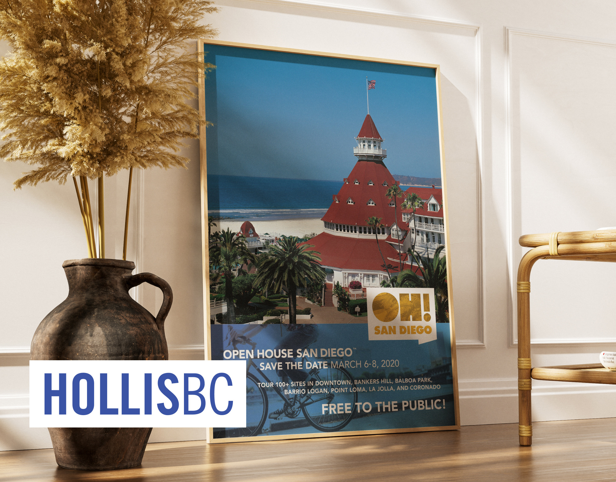 SDAF OH! San Diego cover: framed Open House San Diego poster featuring the Hotel del Coronado, leaning against a wall