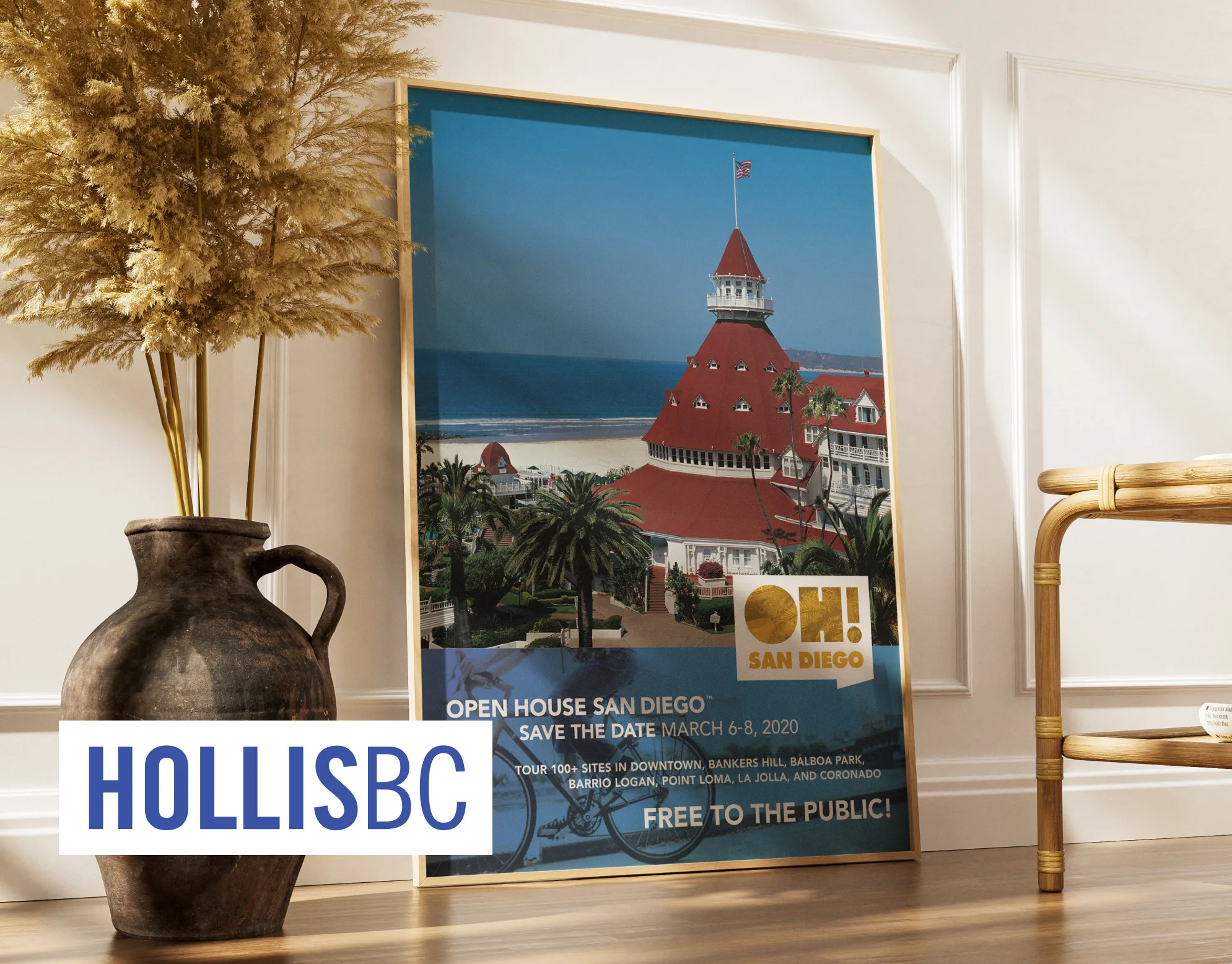 SDAF OH! San Diego cover: framed Open House San Diego poster featuring the Hotel del Coronado, leaning against a wall