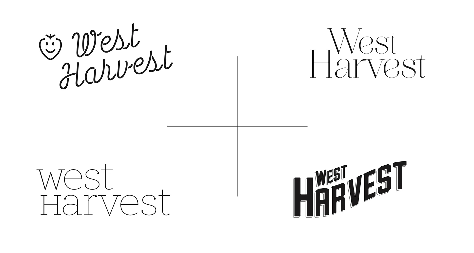 Four early West Harvest wordmark studies mixing script, sans-serif, and bold condensed lettering with a carrot icon