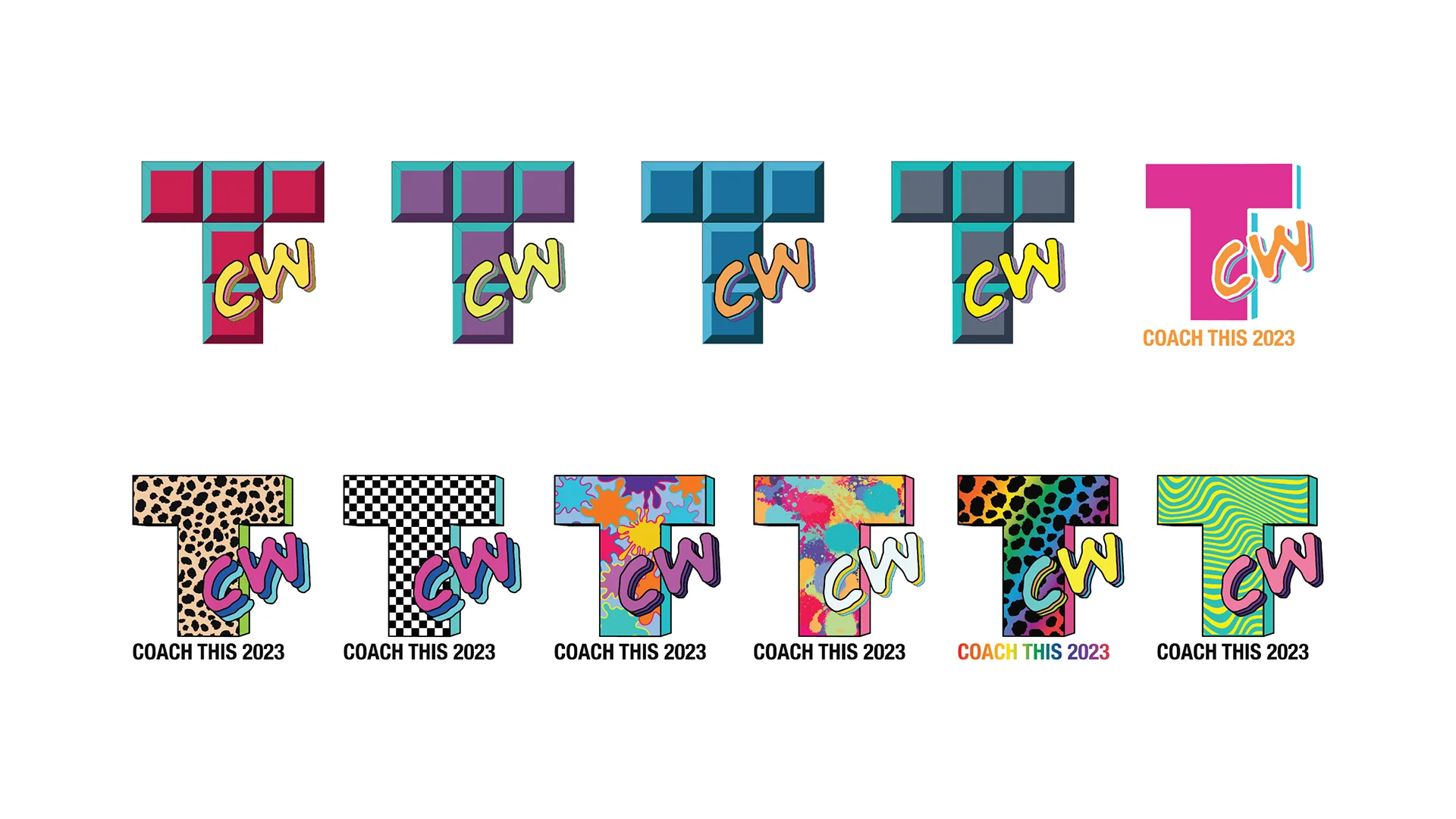 Eleven TCW Coach This 2023 logo variations in different colors and 90s-inspired patterns like leopard and checkerboard