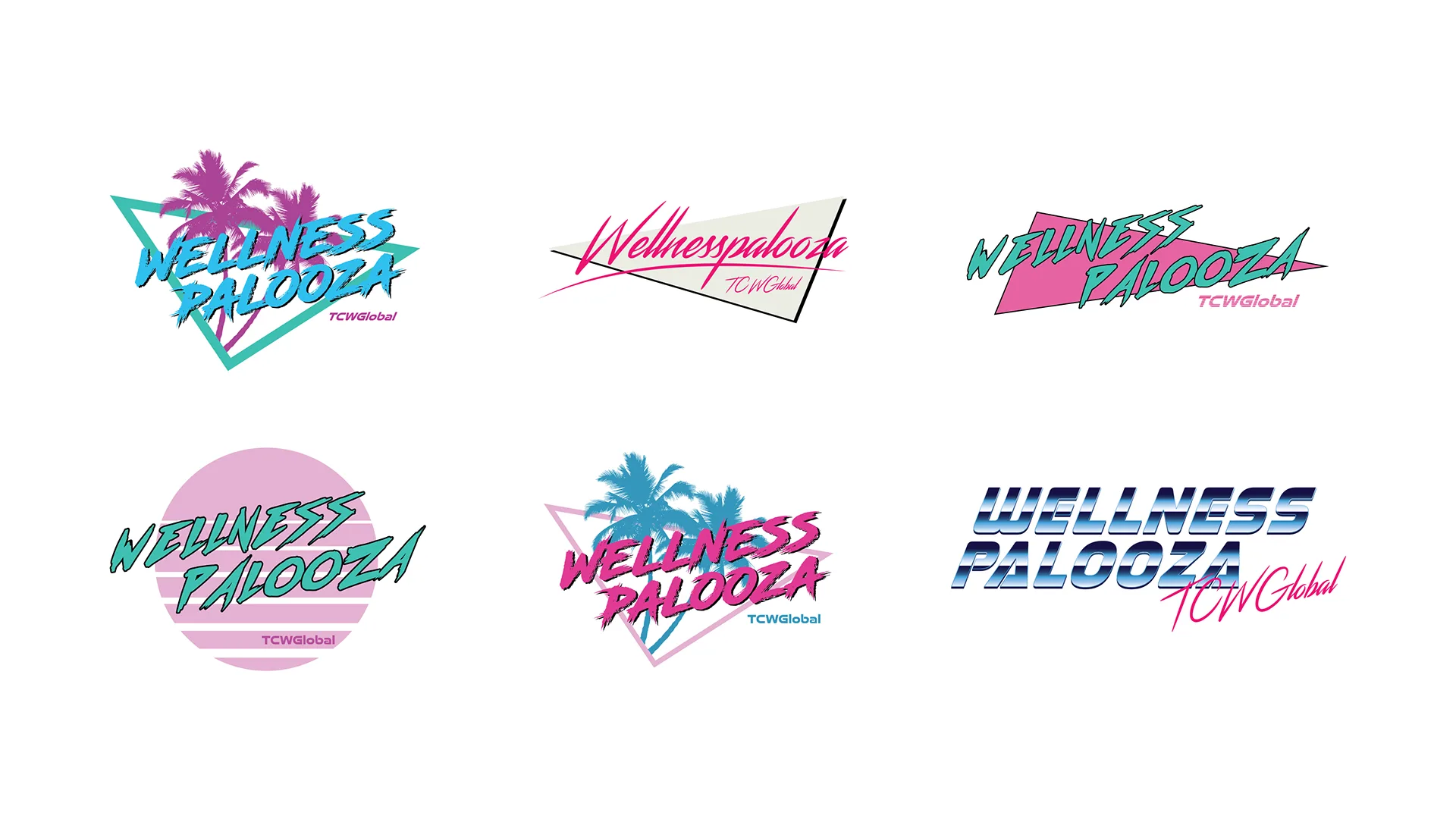 Grid of six alternate Wellness Palooza logo lockups in varied colors, shapes, and palm-tree treatments