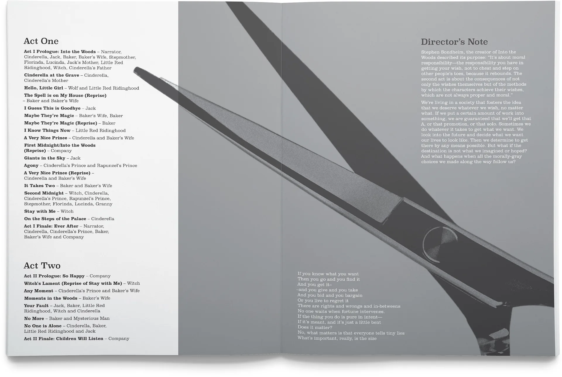 Into the Woods program spread listing Act One and Act Two songs beside the director's note next to a scissors photo