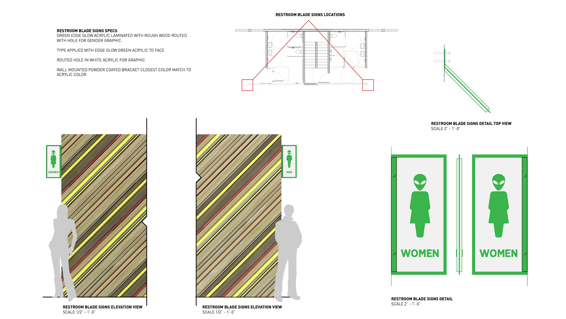 Restroom blade sign spec pairing the diagonal stripe pattern with an alien-head WOMEN icon sign