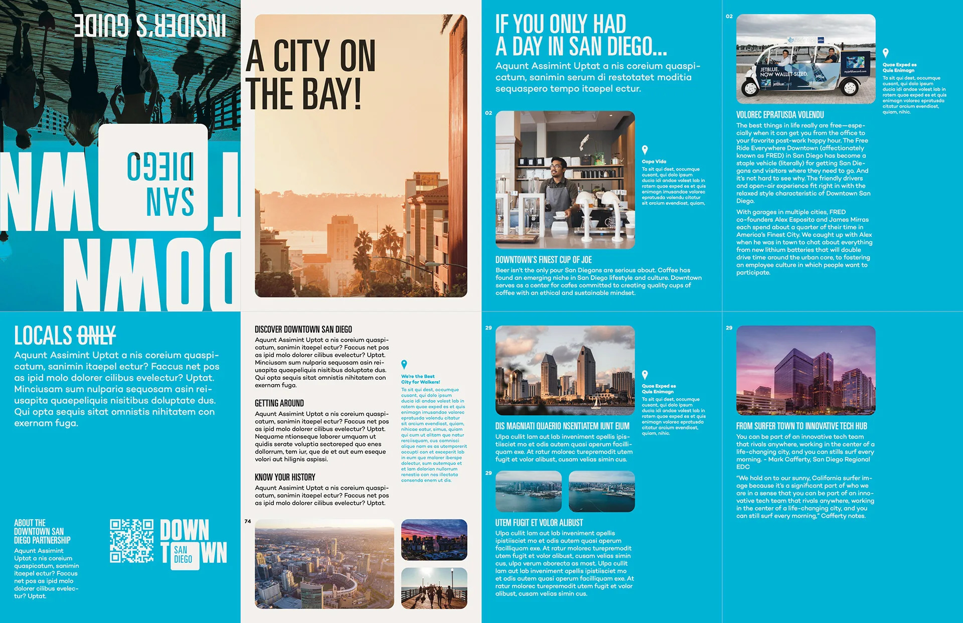 Guide cover panel reading A City on the Bay beside a Locals Only page with a downtown skyline photo strip