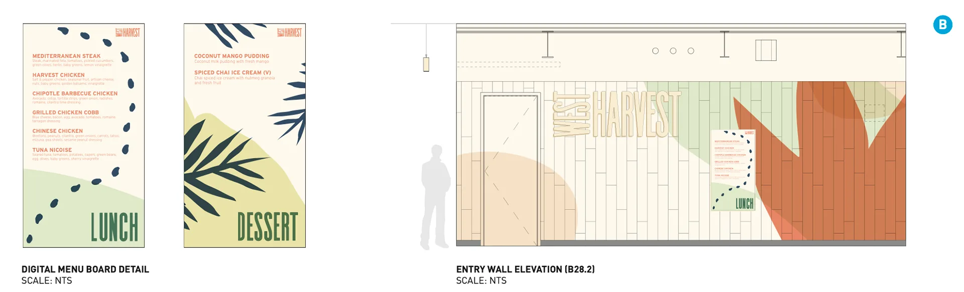 Earlier West Harvest concept with digital Lunch and Dessert menu boards and an entry wall elevation in orange and green