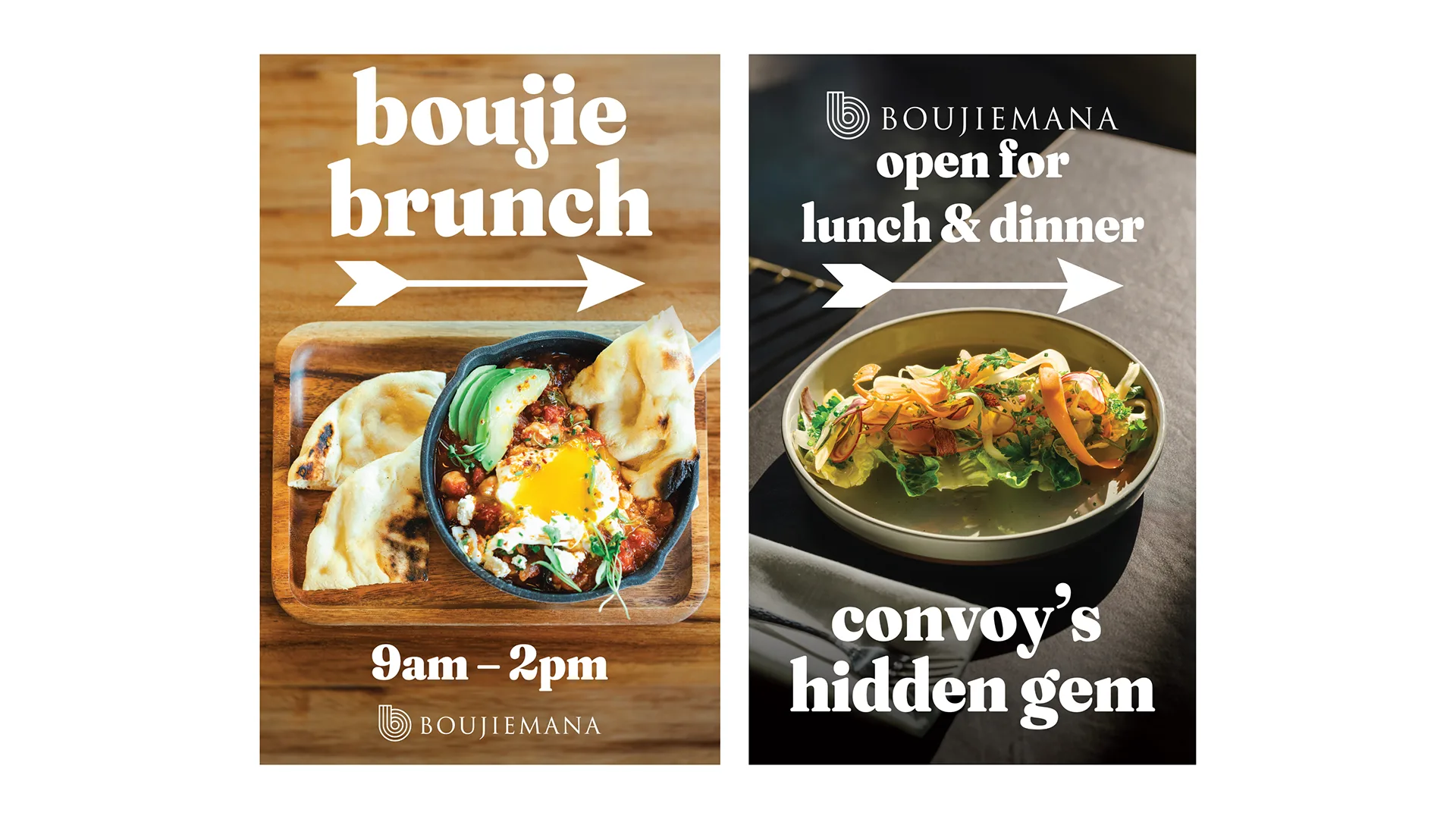 Two BoujieMana promotional posters for boujie brunch and lunch and dinner service, each with a food photo