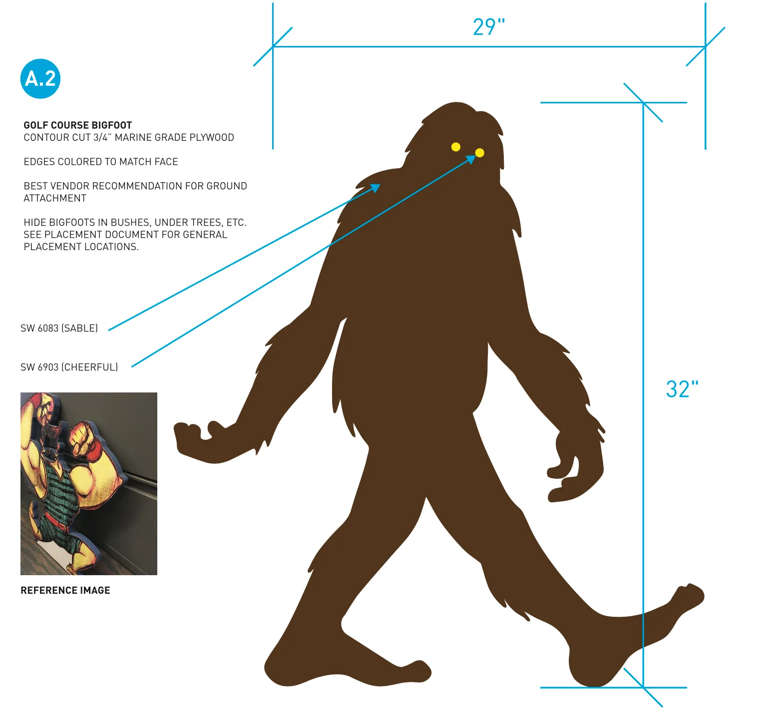 Golf course bigfoot cutout spec sheet for a 32-inch walking figure, cut from plywood
