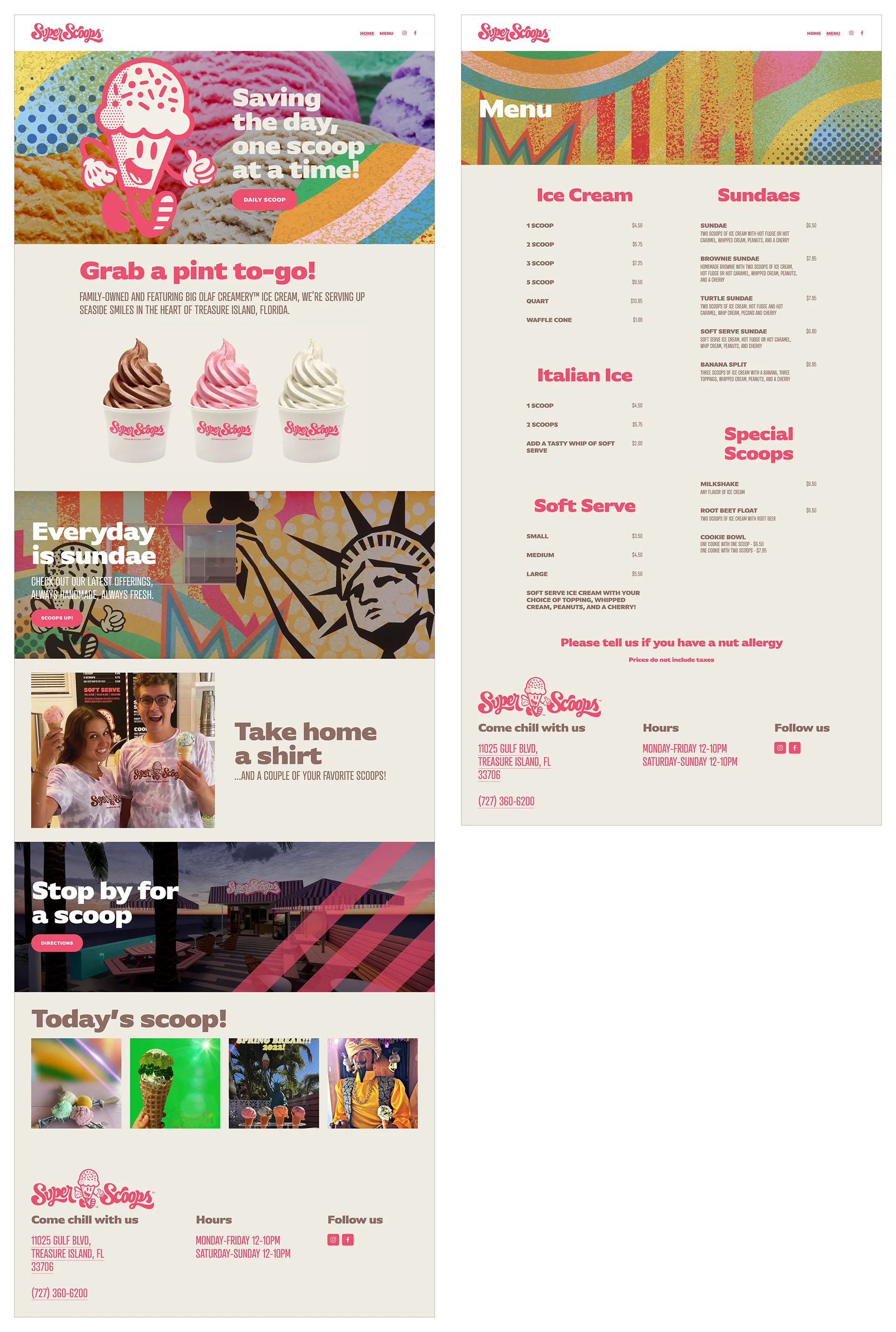 Two Super Scoops website mockups side by side, a colorful homepage and a menu page listing prices