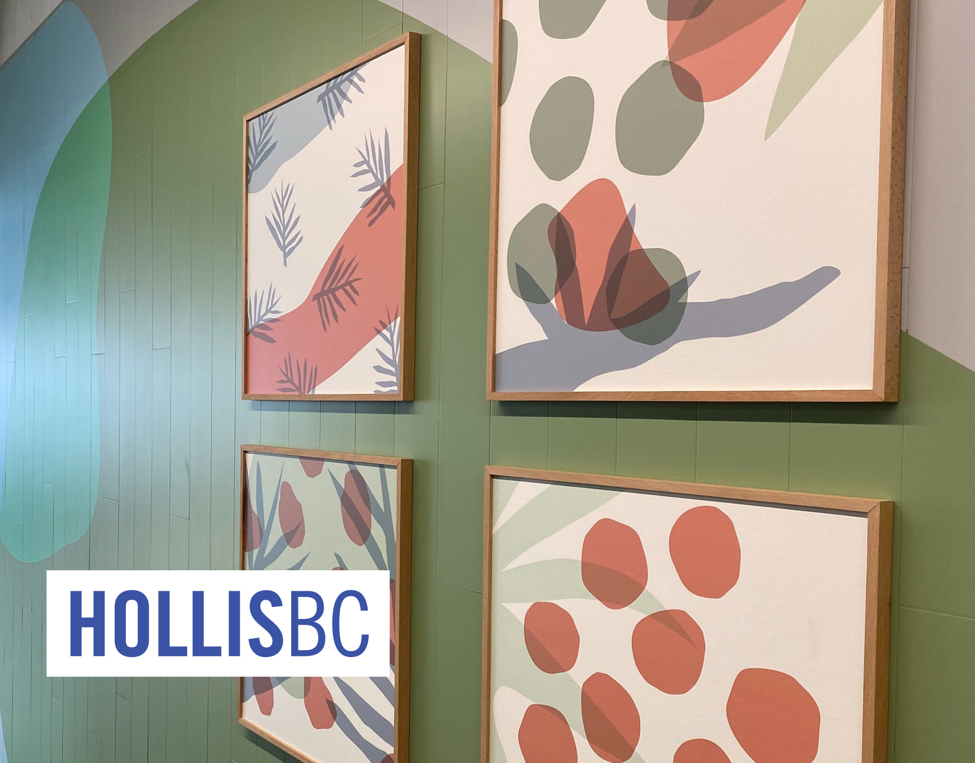 West Harvest cover: four framed abstract botanical art prints in terracotta and sage tones on a green panel wall