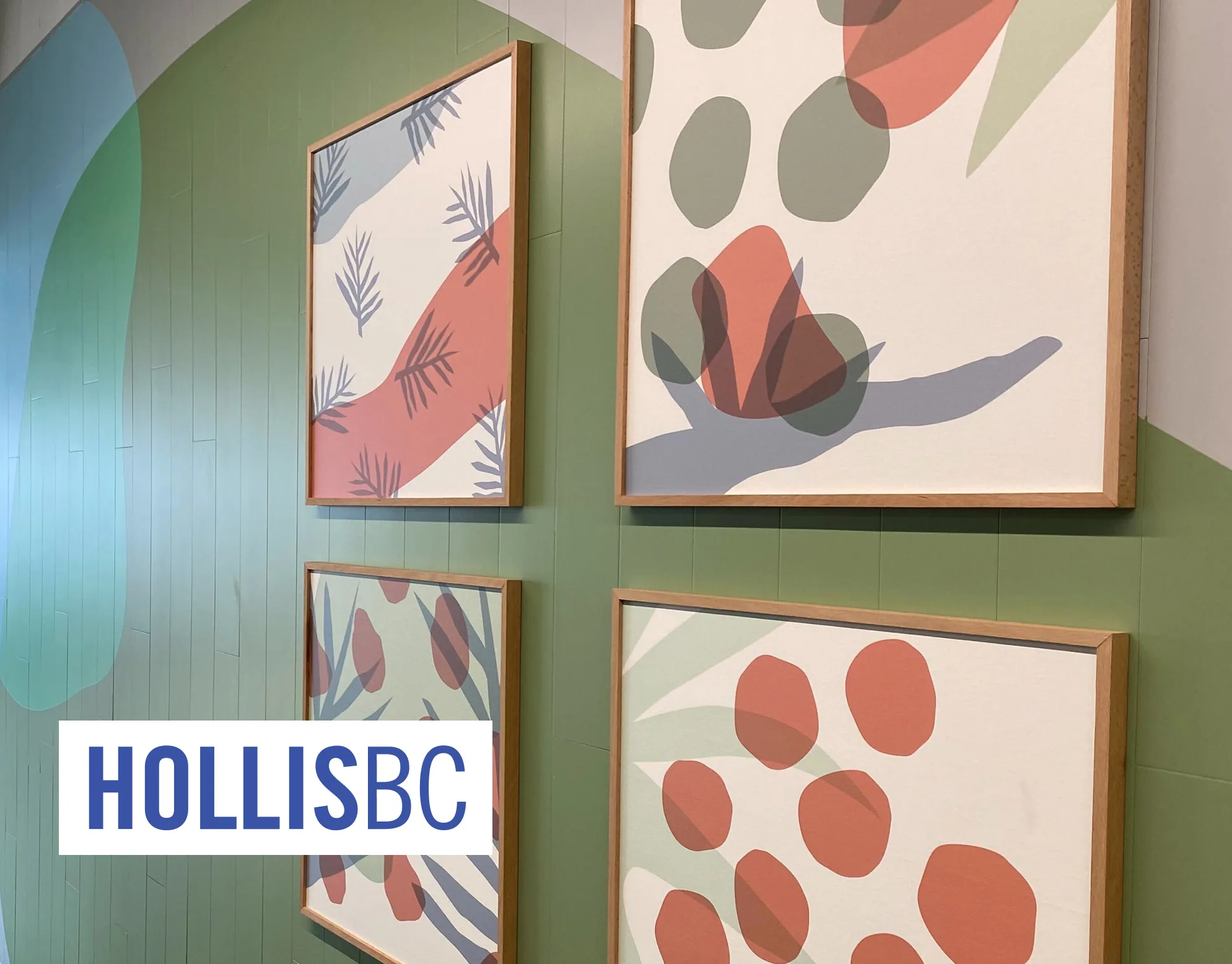 West Harvest cover: four framed abstract botanical art prints in terracotta and sage tones on a green panel wall