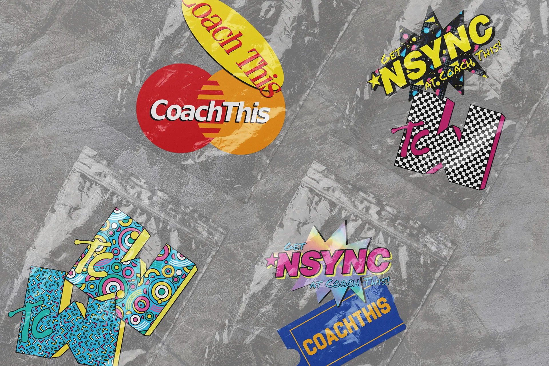 CoachThis and TCW sticker flat lay on a gray surface, featuring 90s-inspired colors and NSYNC-themed badge designs