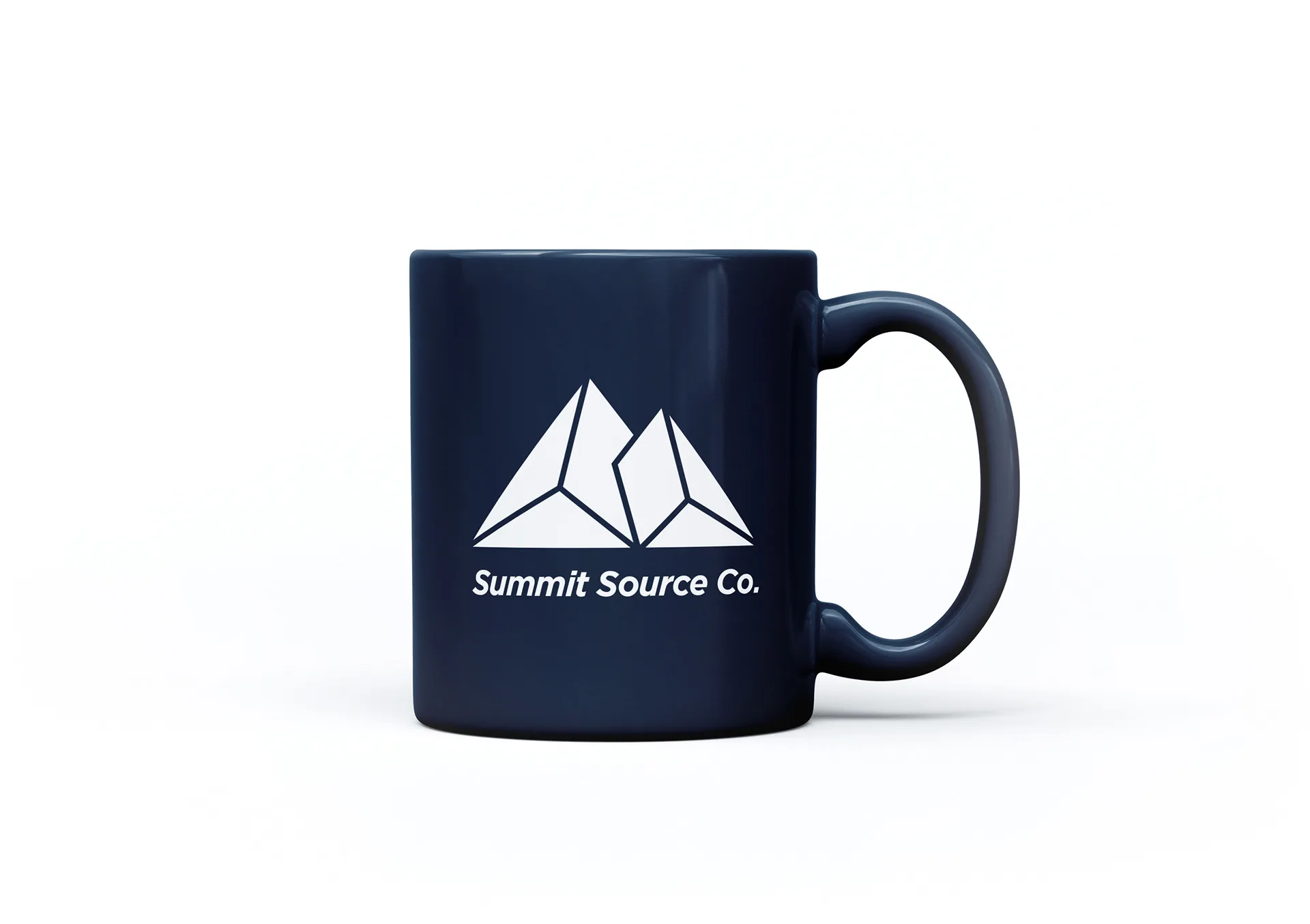 Navy mug printed with the white Summit Source Co. mountain logo and wordmark