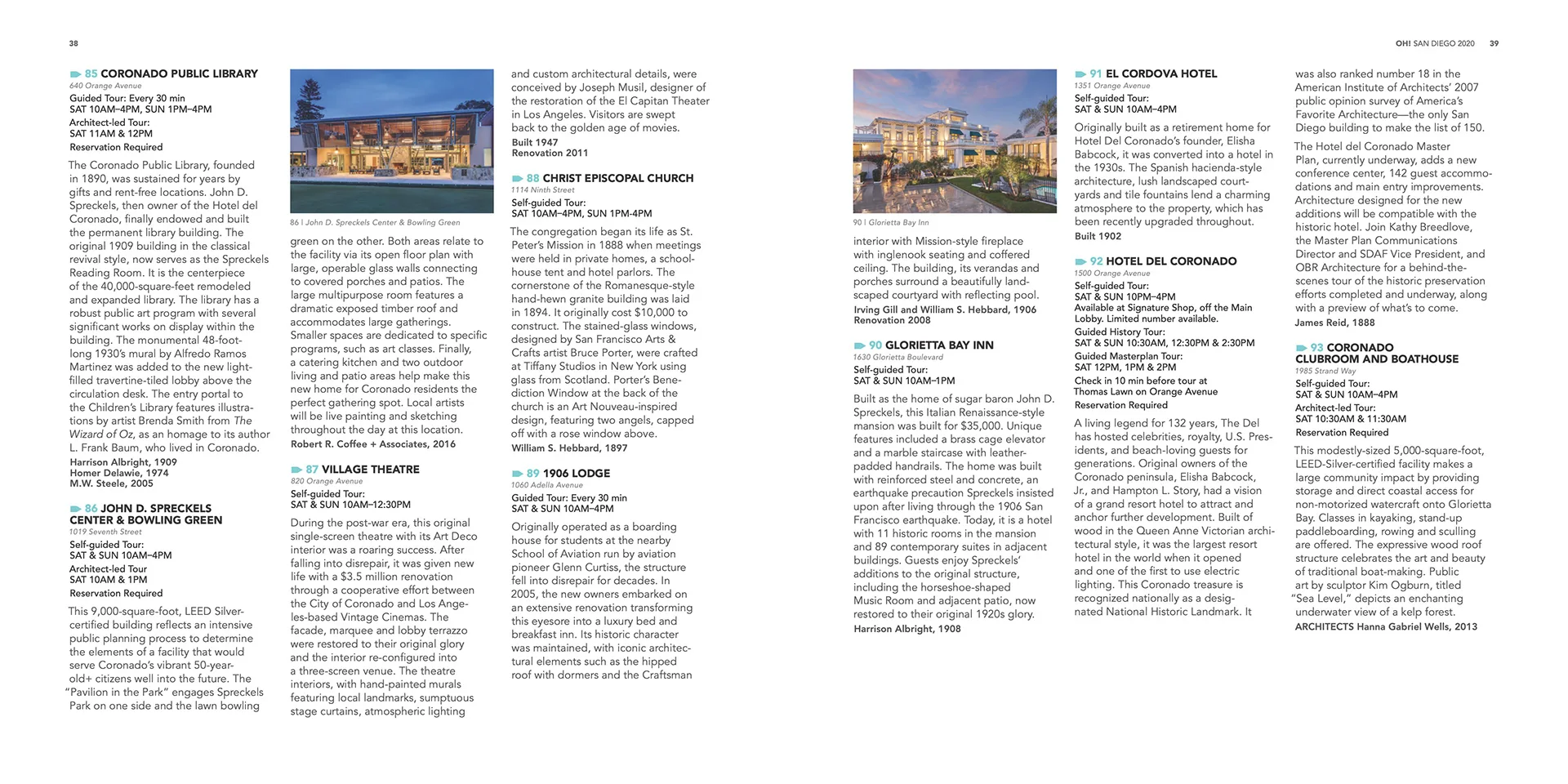 Coronado guide spread listing walking-tour sites with a photo of the Coronado Public Library building