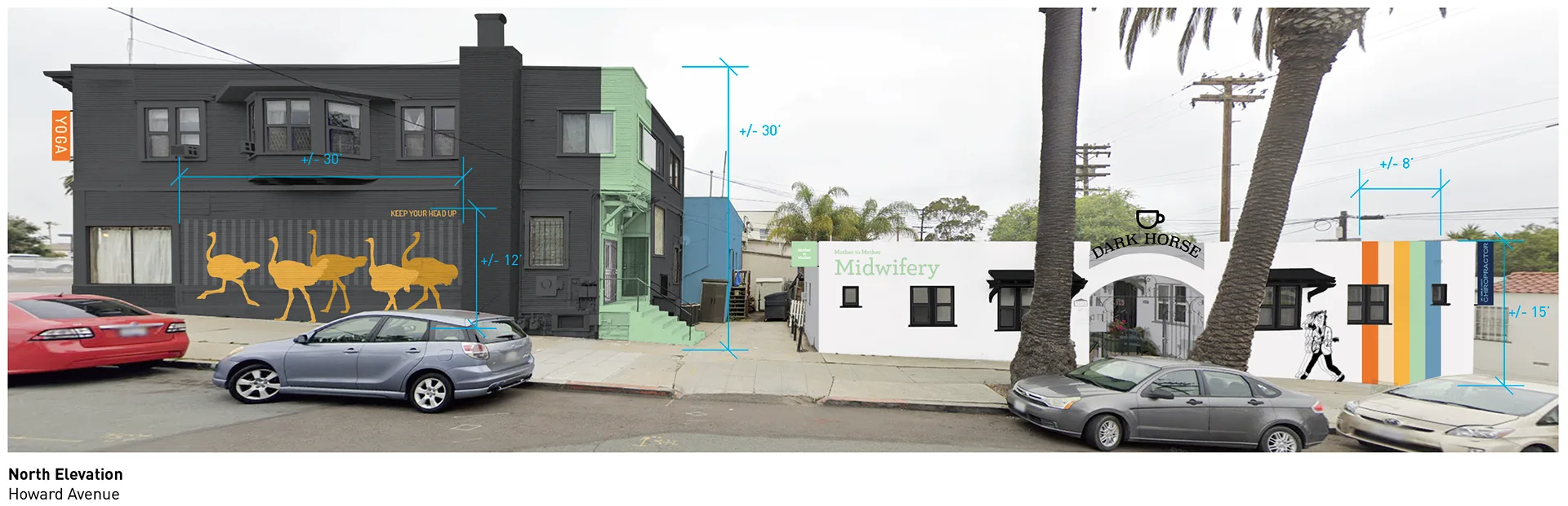 Concept rendering of the Howard Avenue north elevation with the ostrich mural, color blocking, and dimension callouts