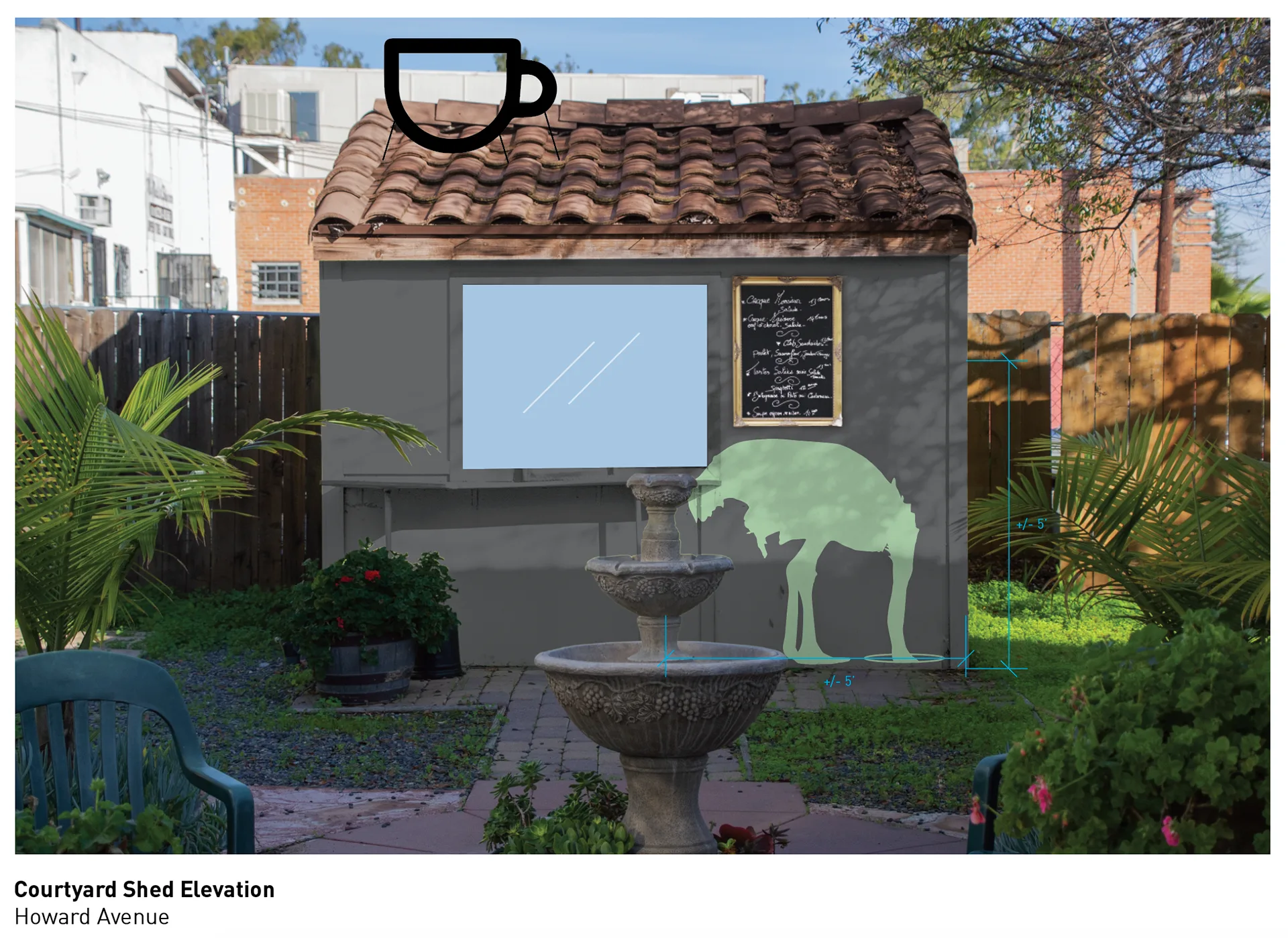 Design concept for the courtyard coffee shed with a cup icon, blank menu screen, chalkboard, and ostrich illustration