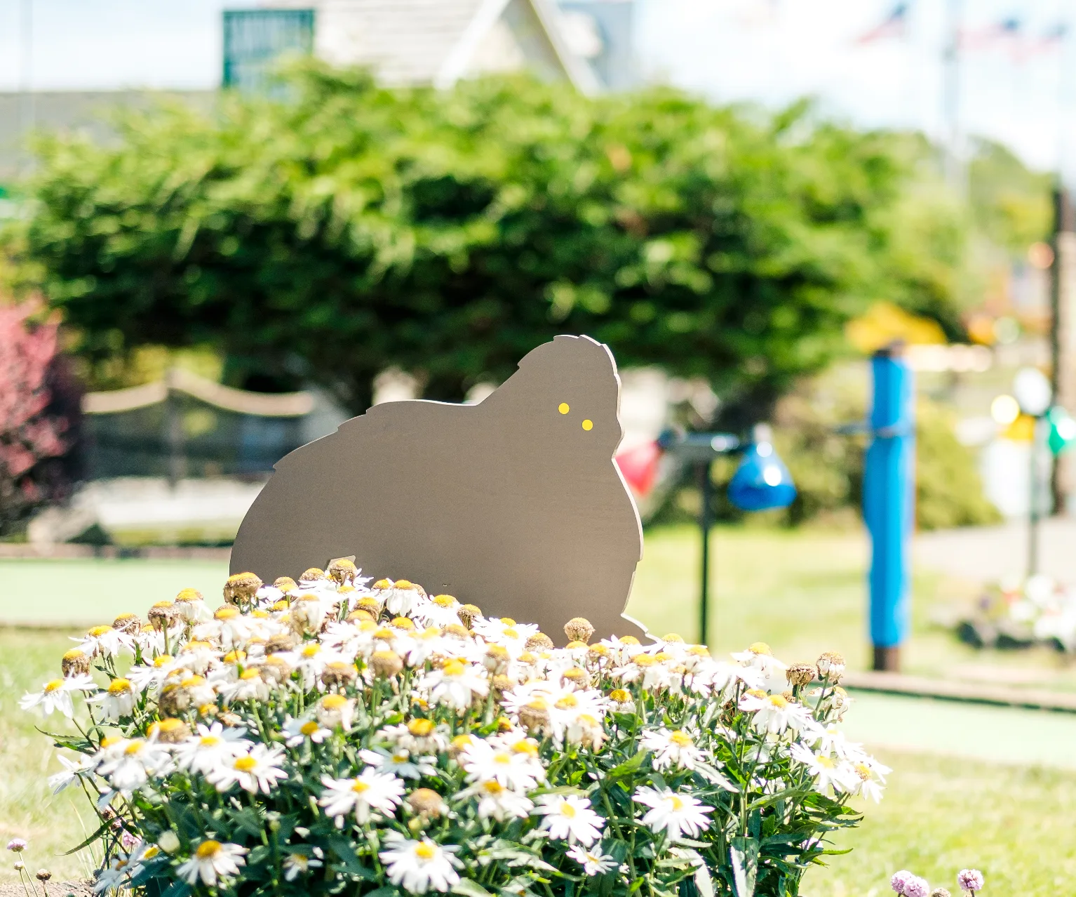 Plywood bigfoot cutout peeking from a daisy bed on the mini golf course with village buildings behind