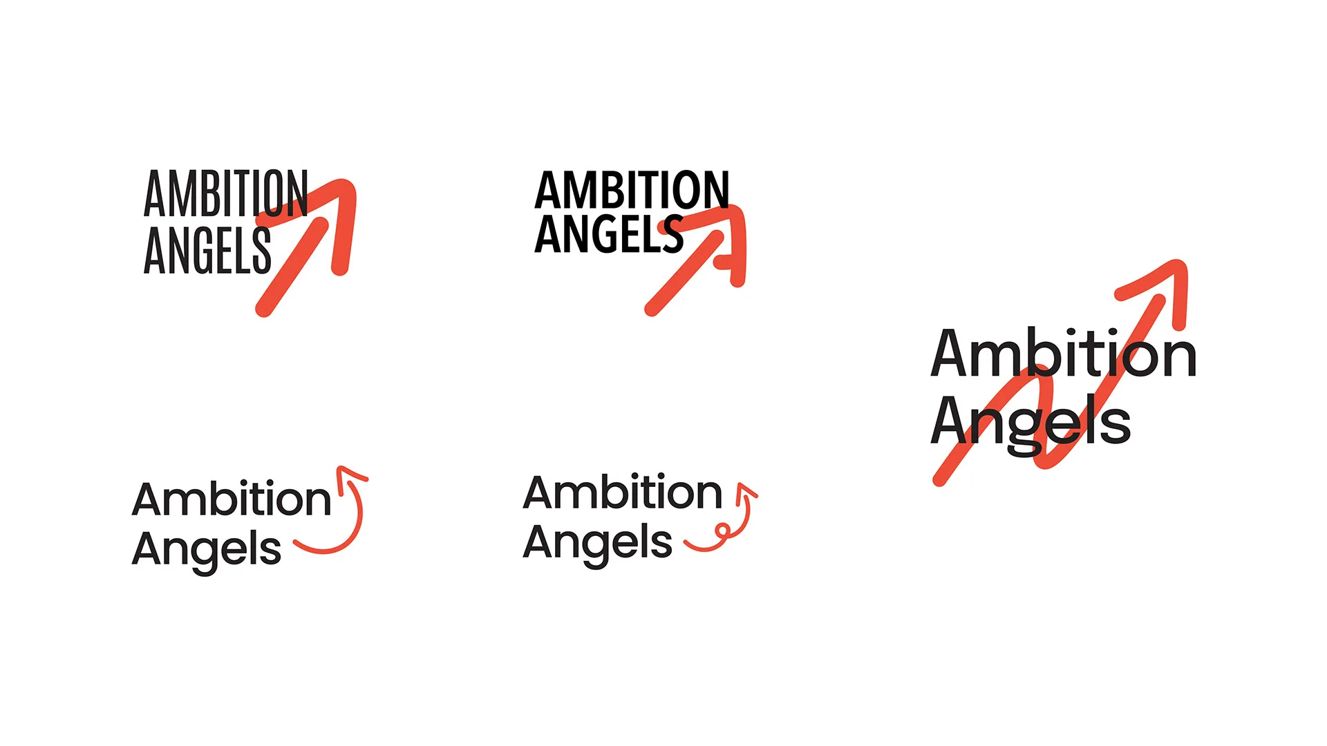 Six Ambition Angels logo lockup variations, including stacked, condensed, and horizontal wordmark treatments with the red arrow mark