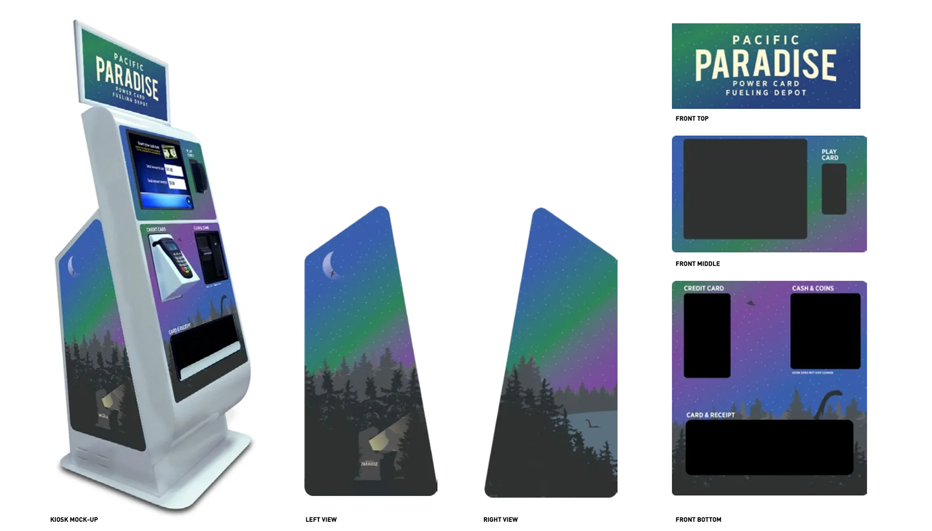 Power Card Fueling Depot kiosk mockup with aurora forest graphics and card reader panel layout