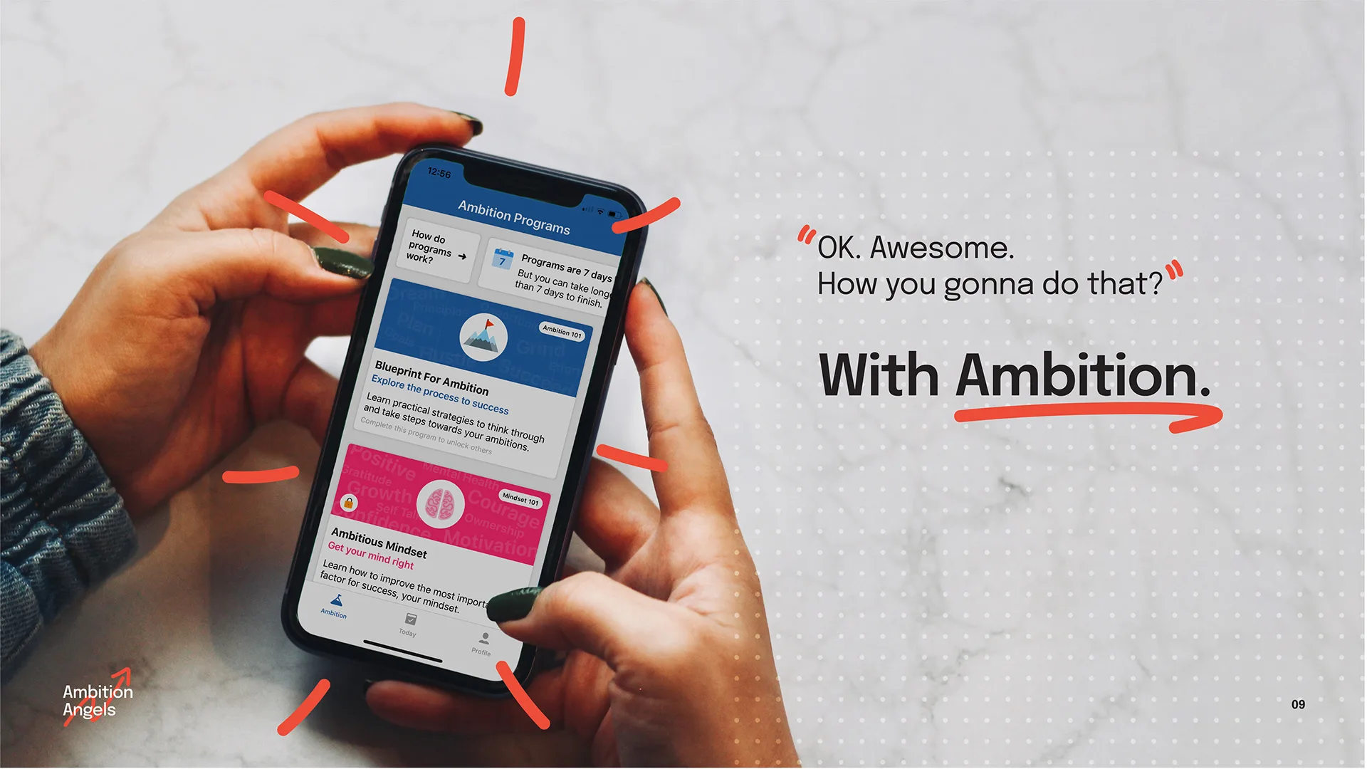 Hands holding a phone showing the Ambition Angels app interface, beside the quote with ambition
