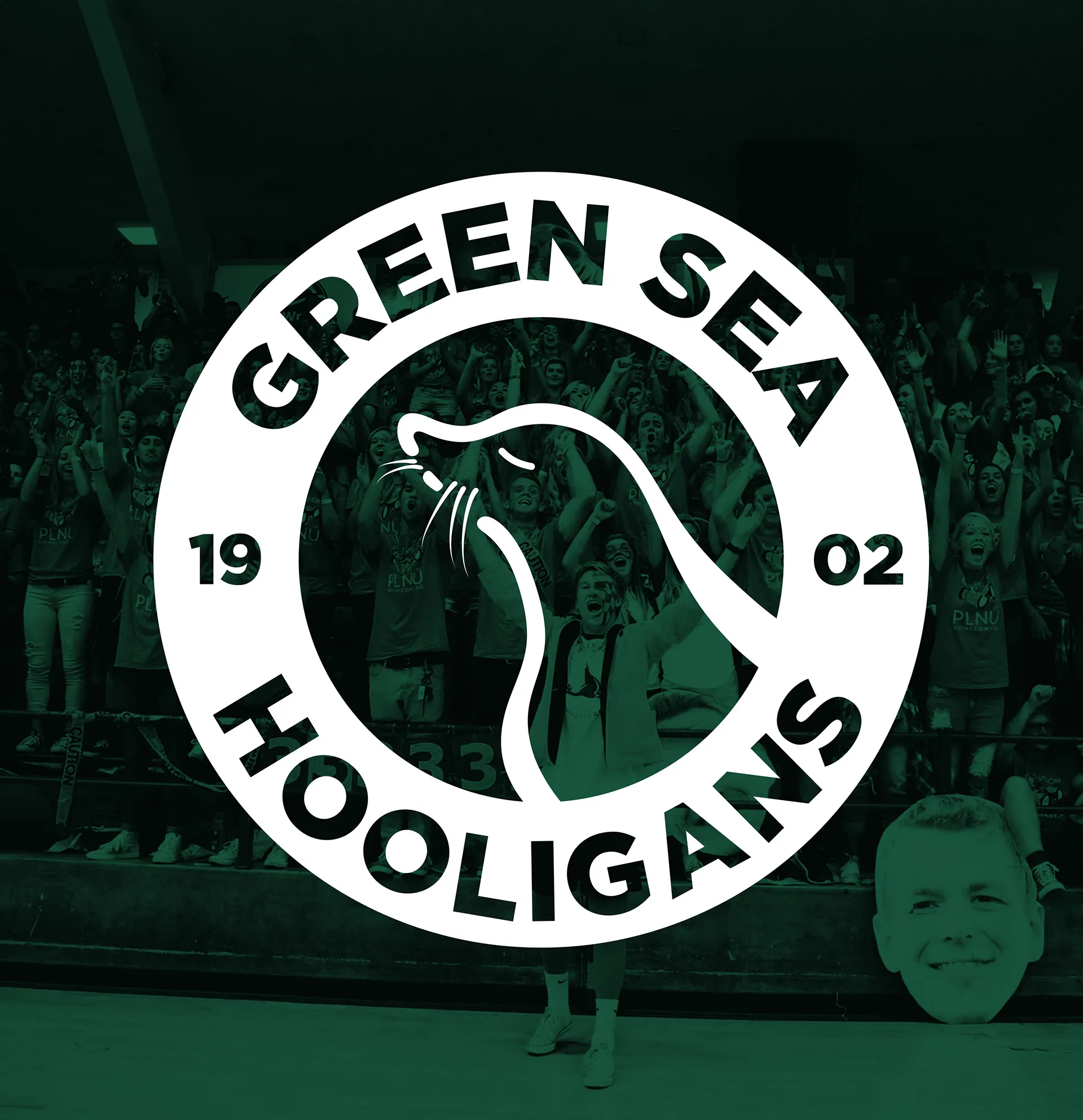 Green Sea Hooligans circular logo with a sea lion mark and 1902 founding year, overlaid on a green-tinted crowd photo