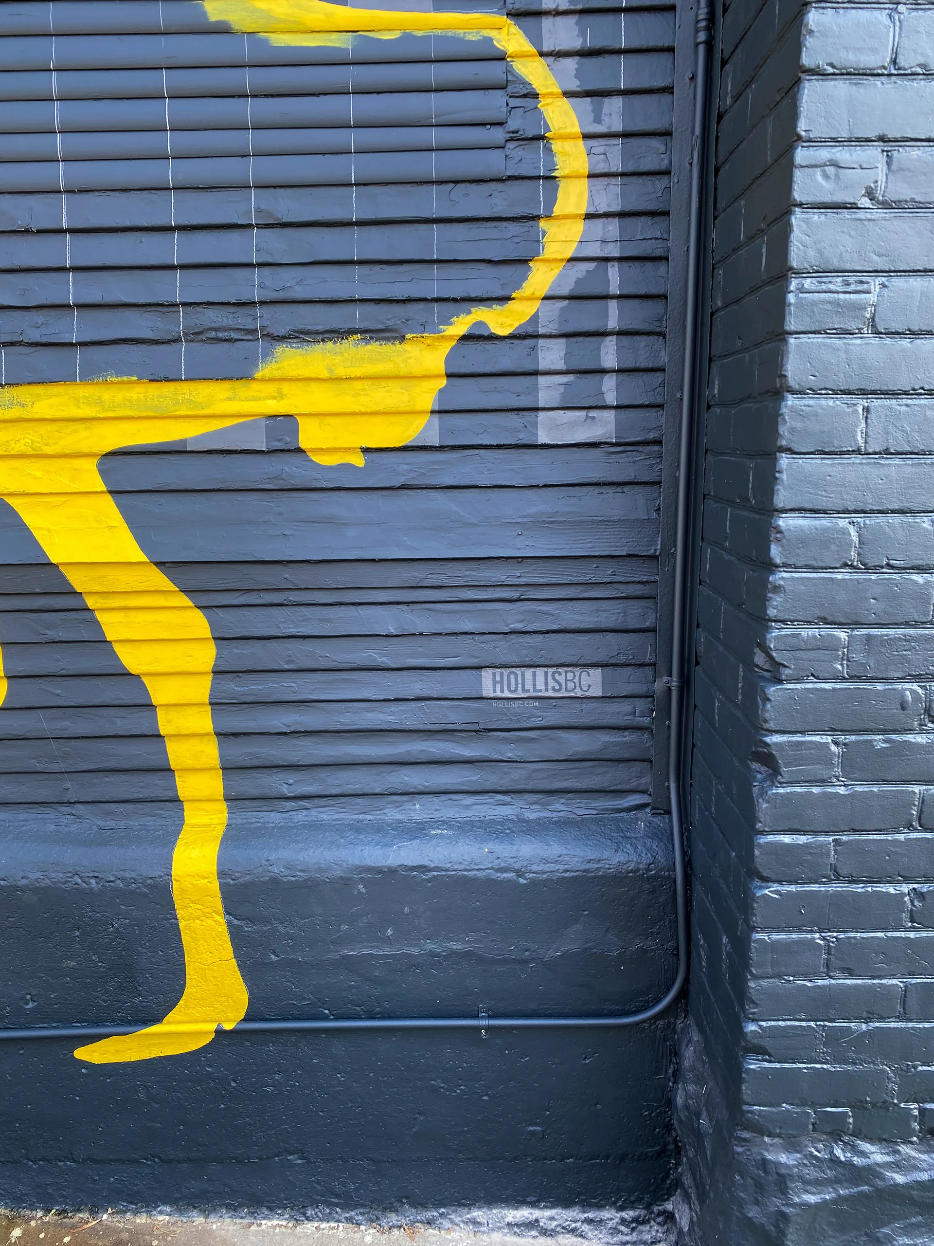 Close-up of a single yellow ostrich silhouette painted on ridged navy siding beside the brick building corner