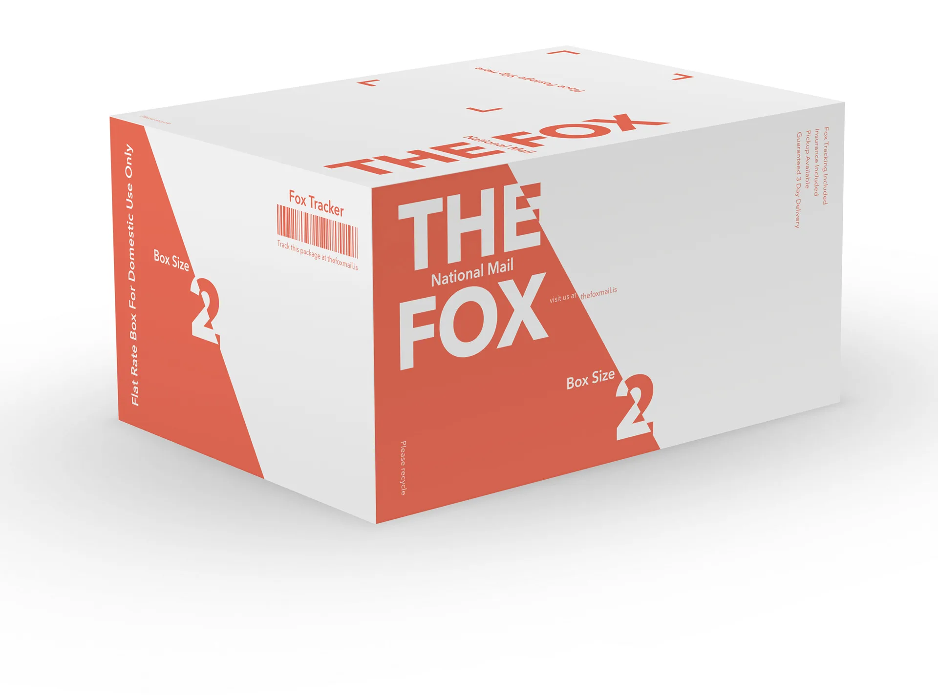 The Fox National Mail shipping box in white and orange with box size and tracking label details