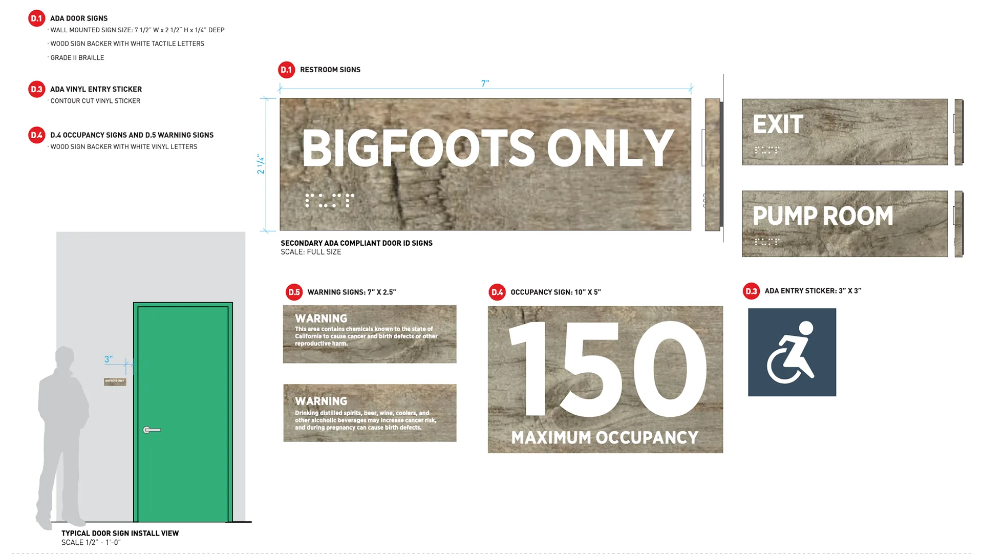 ADA signage specification sheet for restroom, occupancy, and 'Bigfoots Only' door signs with wood-grain finish
