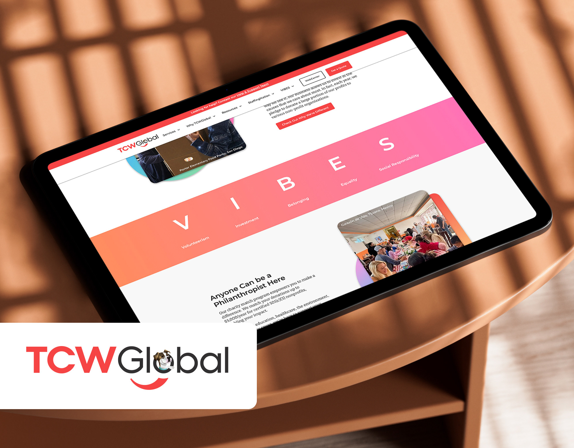 TCWGlobal Digital Rebrand cover: tablet displaying the redesigned TCWGlobal portal homepage with a colorful VIBES philanthropy section