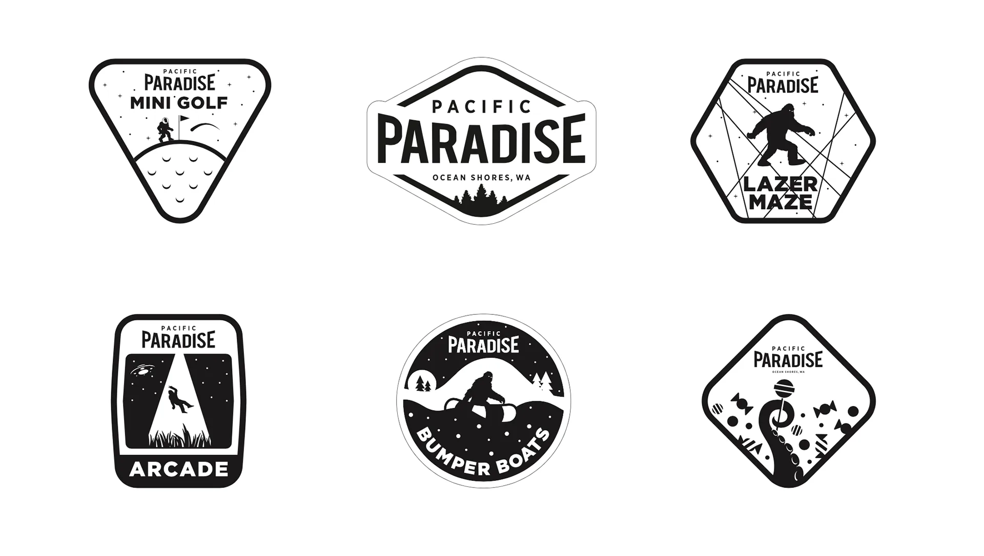 Black-and-white line art version of the Pacific Paradise activity badge icon set