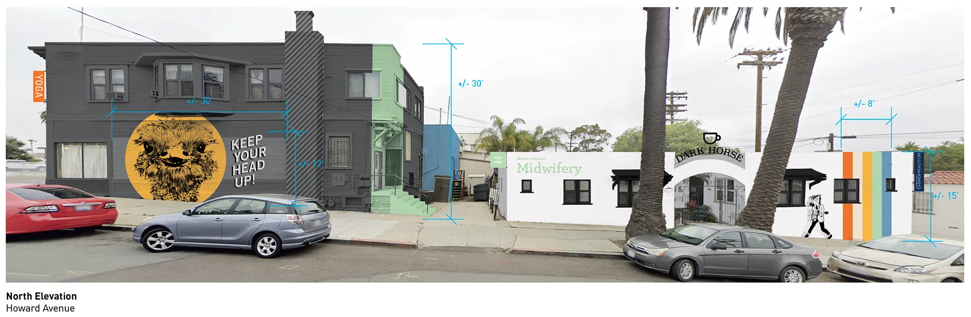 Design concept for the Howard Avenue north elevation with a Keep Your Head Up ostrich badge graphic and dimension callouts