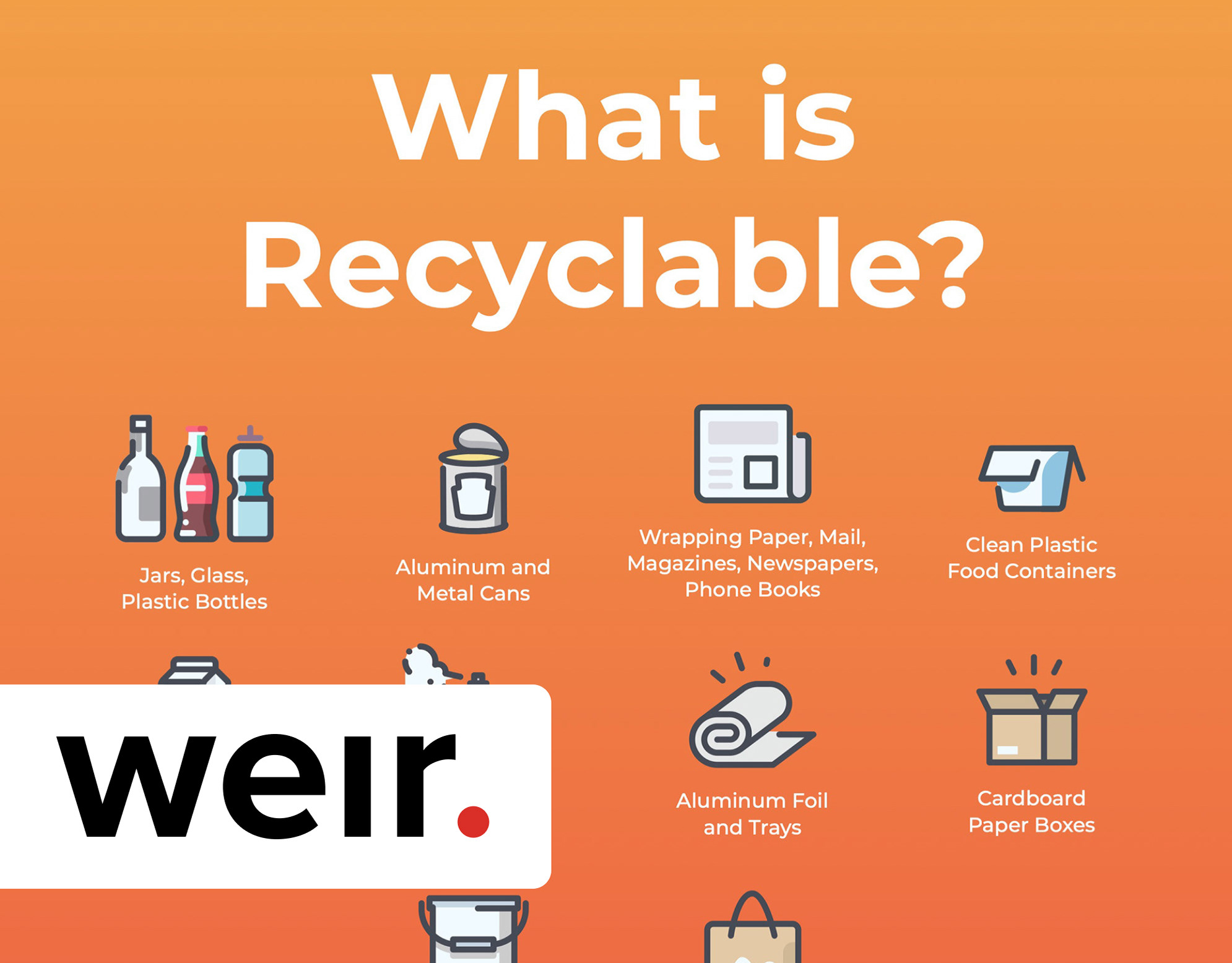 Global Disposal cover: orange What is Recyclable infographic with icons for jars, cans, paper, and plastic containers