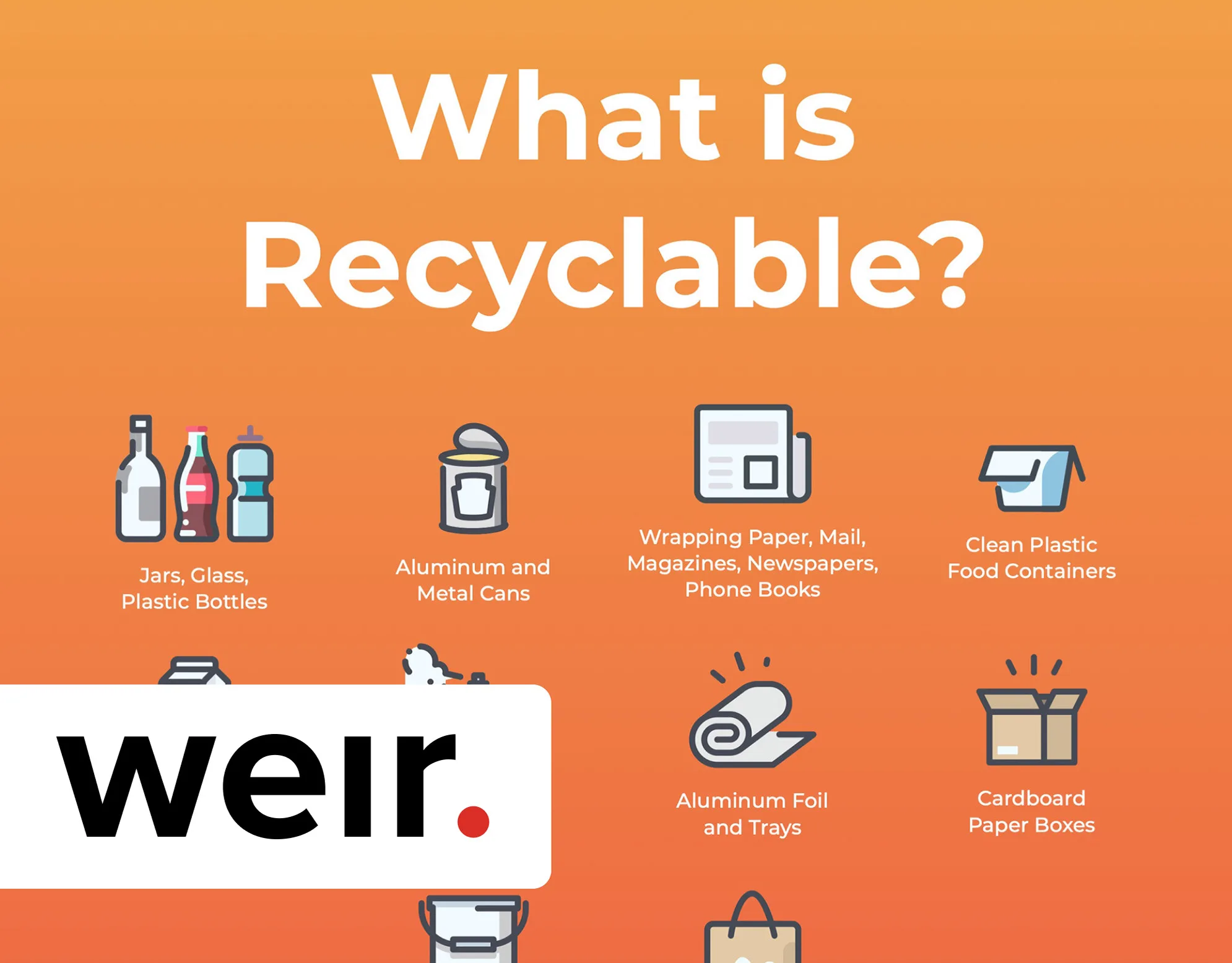 Global Disposal cover: orange What is Recyclable infographic with icons for jars, cans, paper, and plastic containers